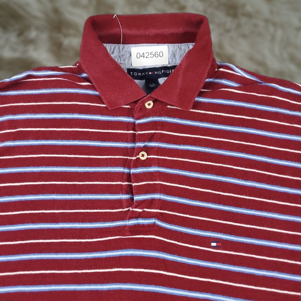 Tommy Hilfiger VINTAGE Tommy Hilfiger Polo Shirt Mens Large Red Blue Striped Polo Shirt Adult Large Red/Blue Striped Logo Button-Front Casual Sports Mens Size US L / EU 52-54 / 3 - 1 Thumbnail