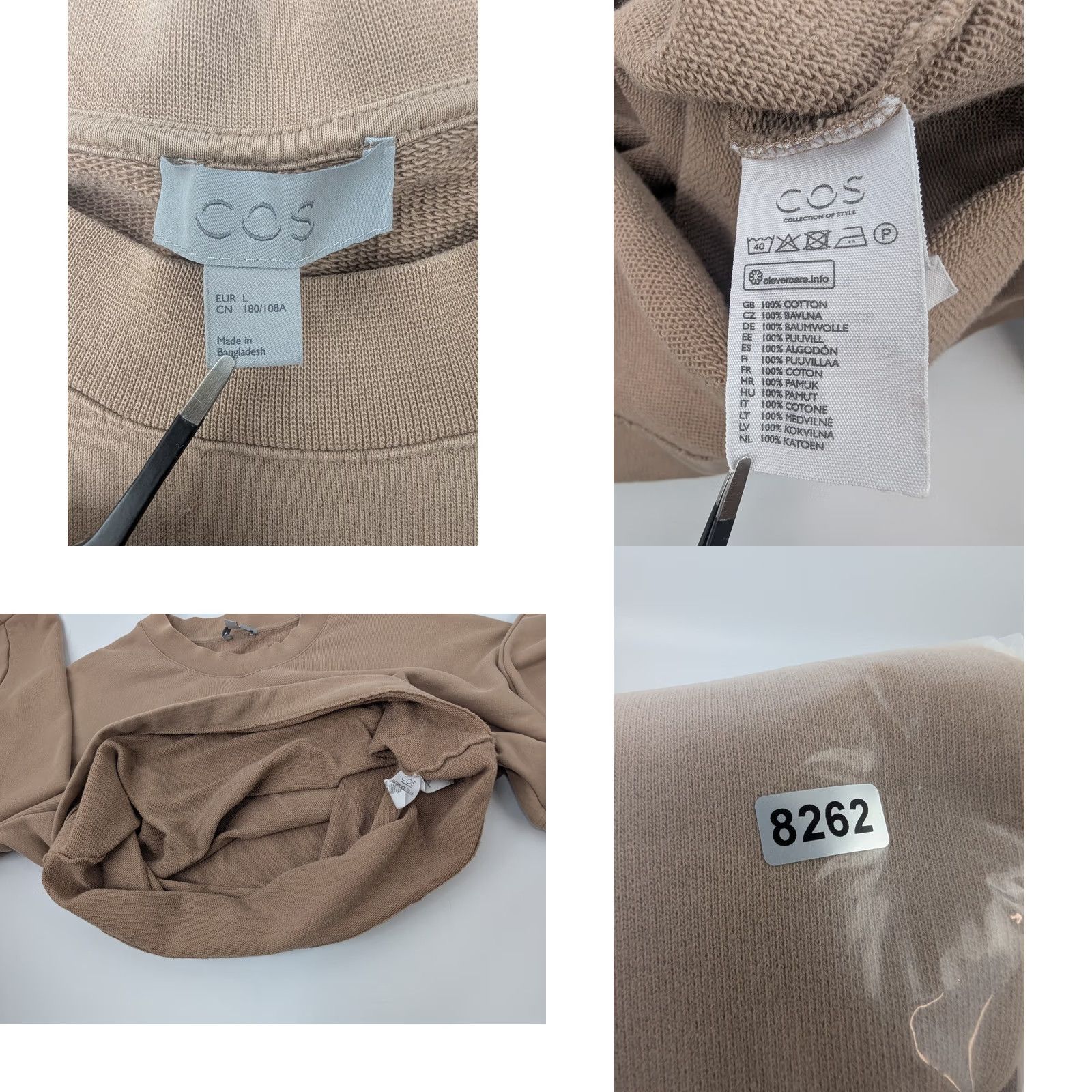 Cos COS Sweatshirt Mens Large Light Taupe Pullover Pocket Stretch Preppy Knit Crew Neck Regular Long Sleeve, Brown, Cotton Polyamide, Fall Winter, Carded Size US L / EU 52-54 / 3 - 8 Thumbnail