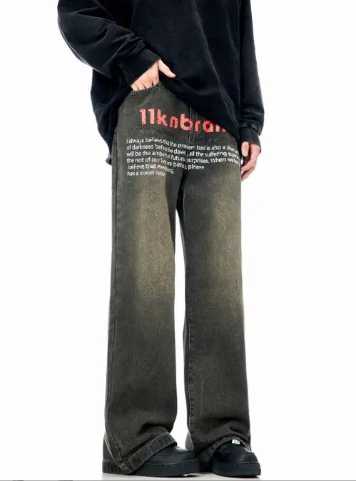 Japanese Brand × Jean Retro letter print washed distressed straight casual jeans Size US 32 / EU 48 - 2 Thumbnail