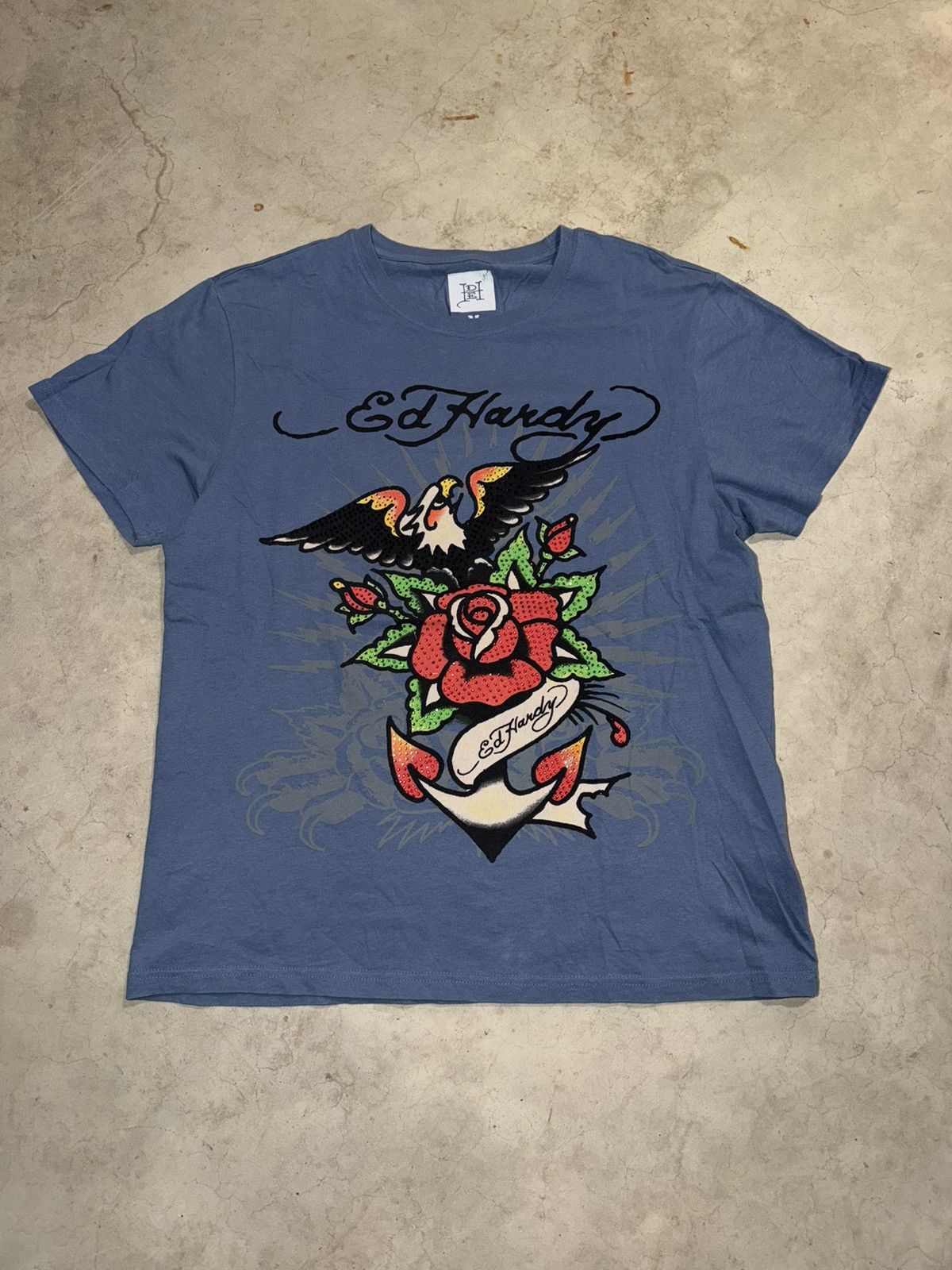 Ed Hardy Ed Hardy Graphic Eagle Rose Tattoo Blue Rhinestone T-Shirt Size US M / EU 48-50 / 2 - 1 Thumbnail