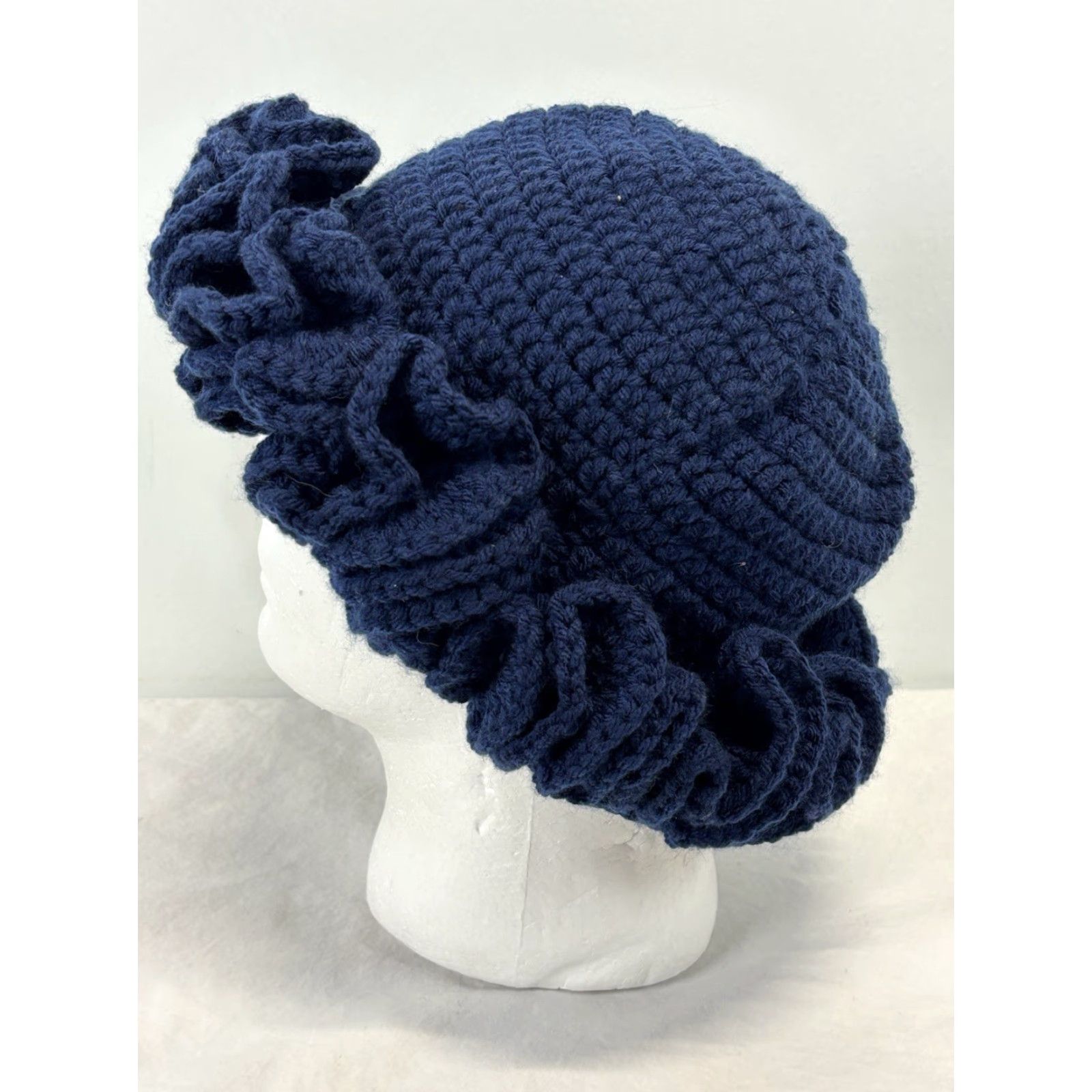 Vintage VINTAGE Handmade Crochet Bucket Hat Ruffle Brim Navy Blue One Size Floppy Funky Indie Women Boho Hippie Retro Casual Size ONE SIZE - 3 Thumbnail