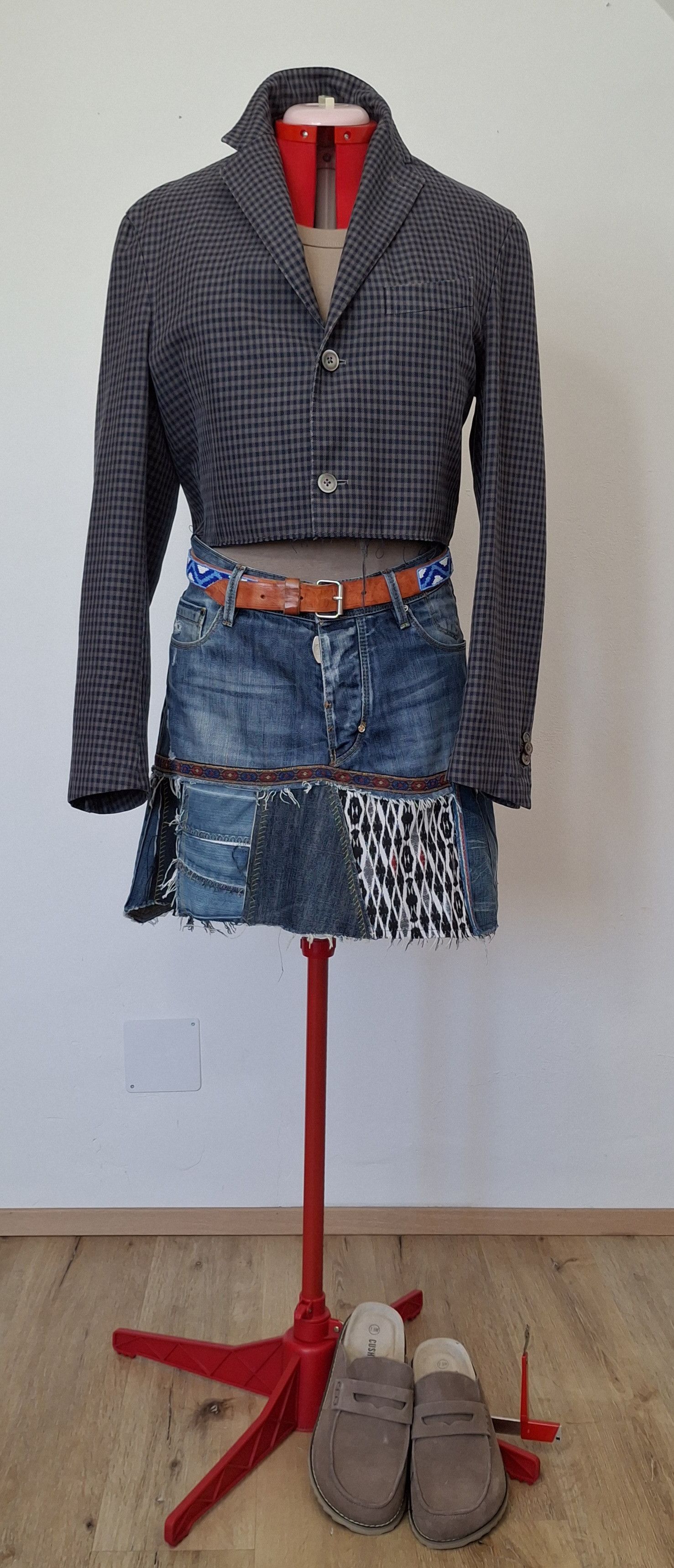 Handmade Custom Deconstructed 2000s Italian Denim Mini Skirt Size 33" - 15 Thumbnail