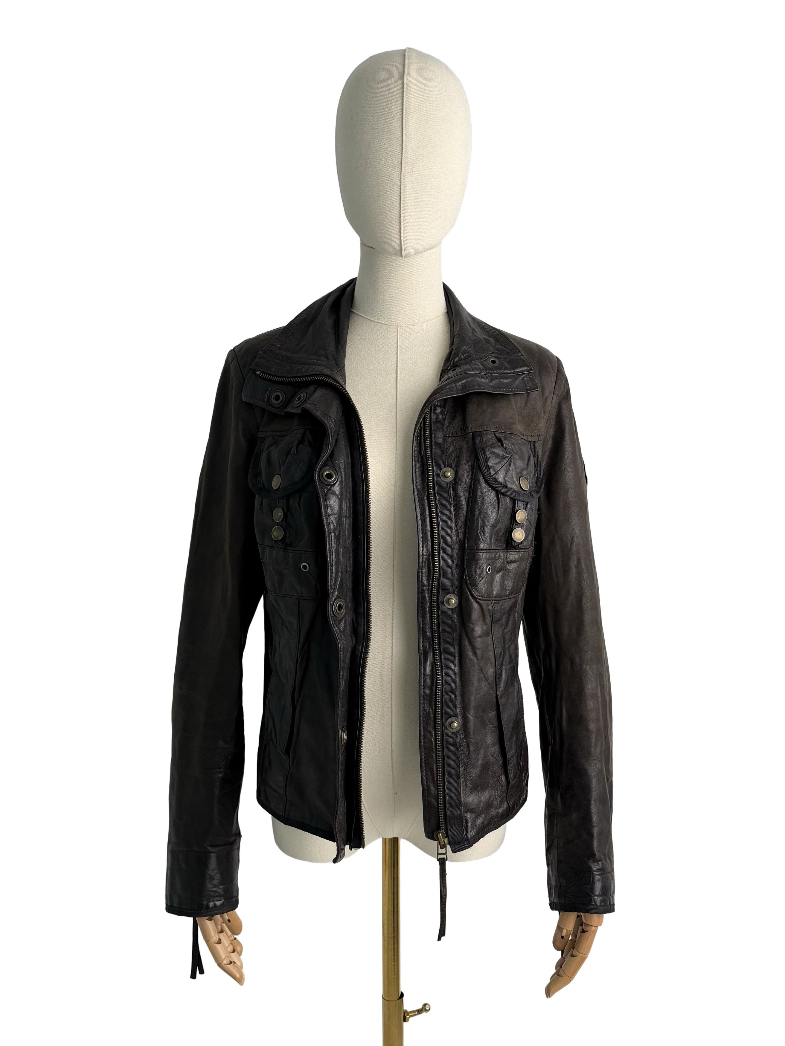 Vintage Vintage Brown Leather Jacket Military Style Zip Coat Size S / US 4 / IT 40 - 3 Thumbnail