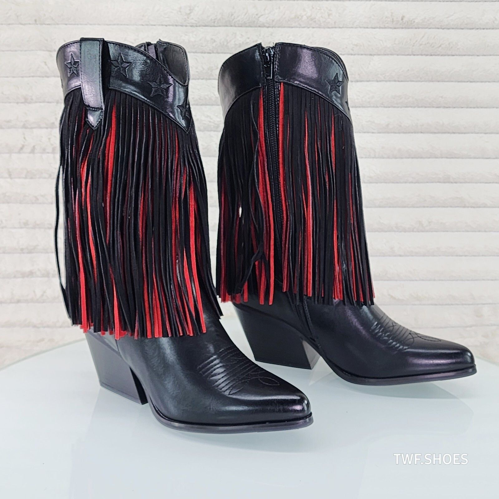 Other Country Swing Black and Red Fringe Western Cowgirl Boots Tuc Size US 8 / IT 38 - 7 Thumbnail