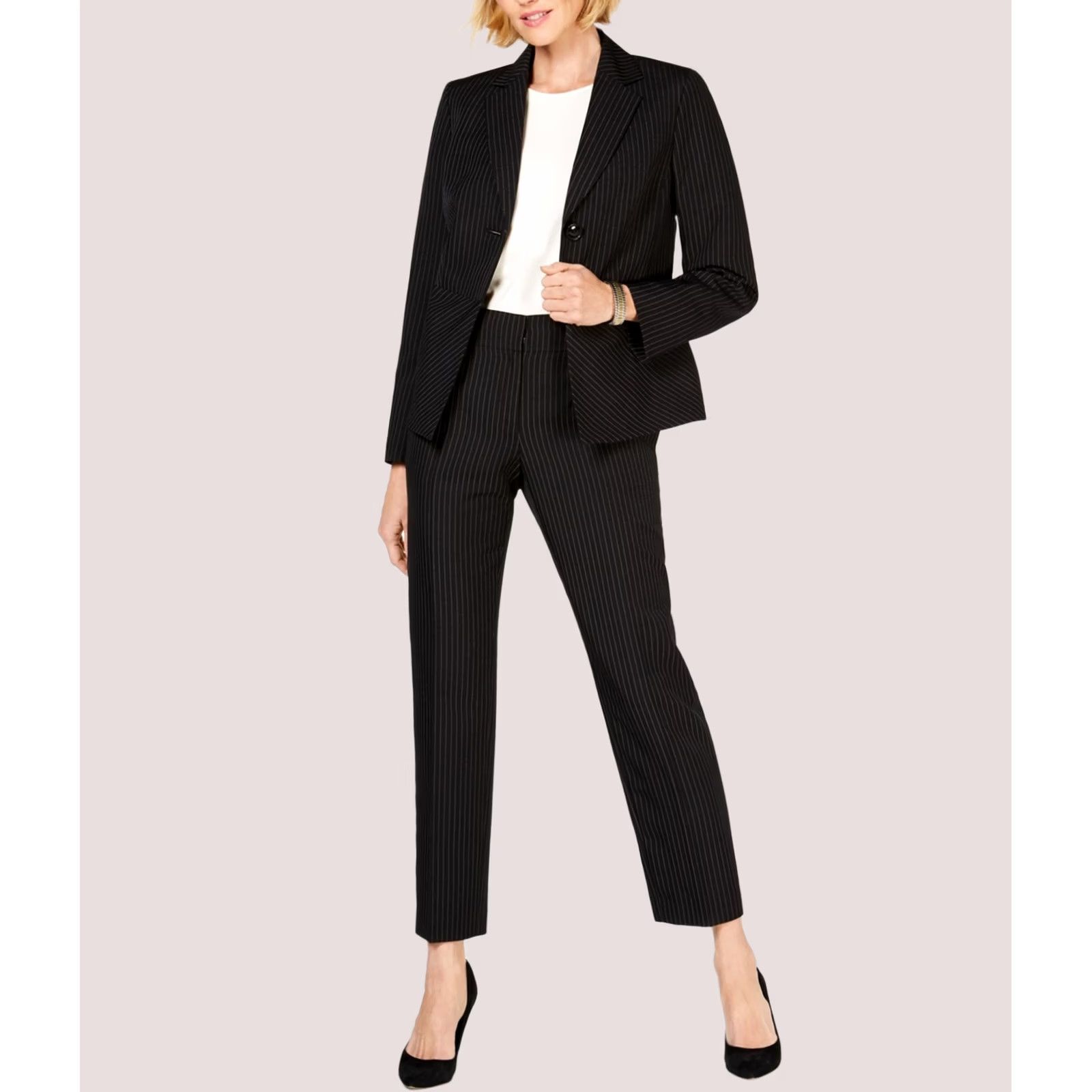 Vintage Le Suit Womens Pinstriped Straight Leg Casual Pants Black Size 10 Size 32" / US 10 / IT 46 - 1 Preview