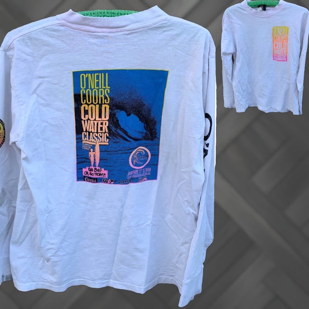 Vintage VINTAGE O’Neill T-Shirt Long Sleeve Surf 1988 Coors Cold Water Classic White Cotton Mens L 80s Beach California Graphic Print Size US L / EU 52-54 / 3 - 1 Thumbnail