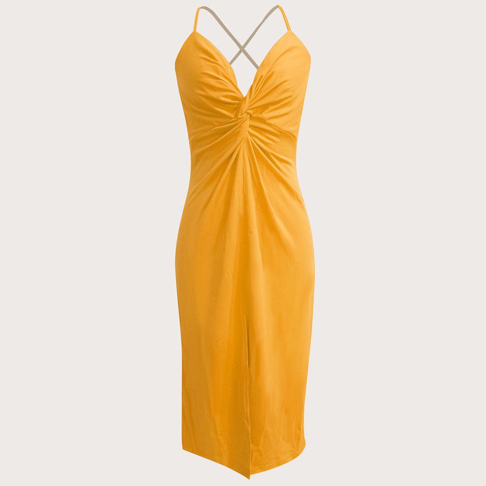 image of Vintage Temperament Cross Belt Sexy Backless Slit Dress in Yellow, Women's (Size Medium)