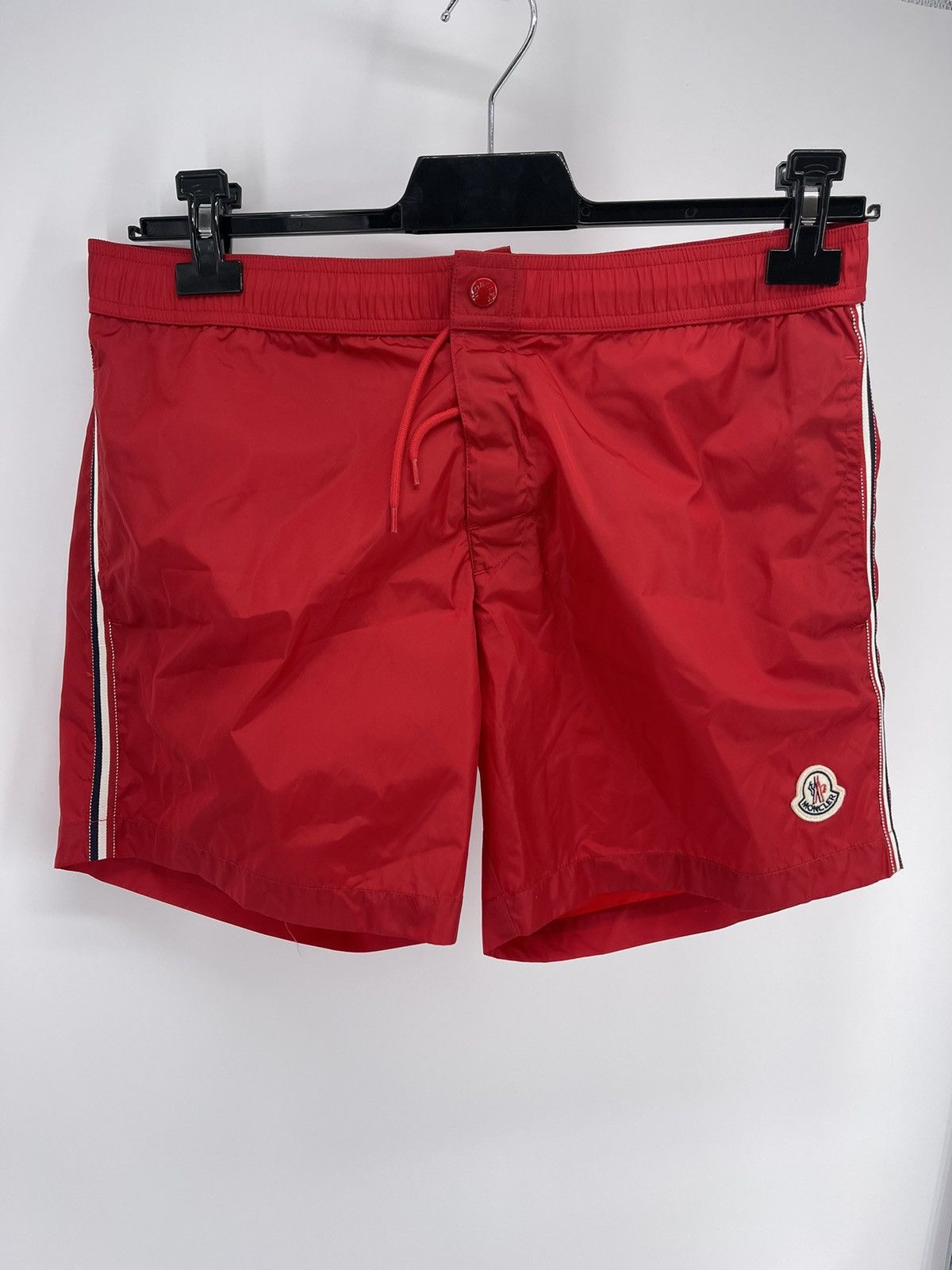 Image of Moncler Stripe Swim Shorts in Red, Men's (Size 34)