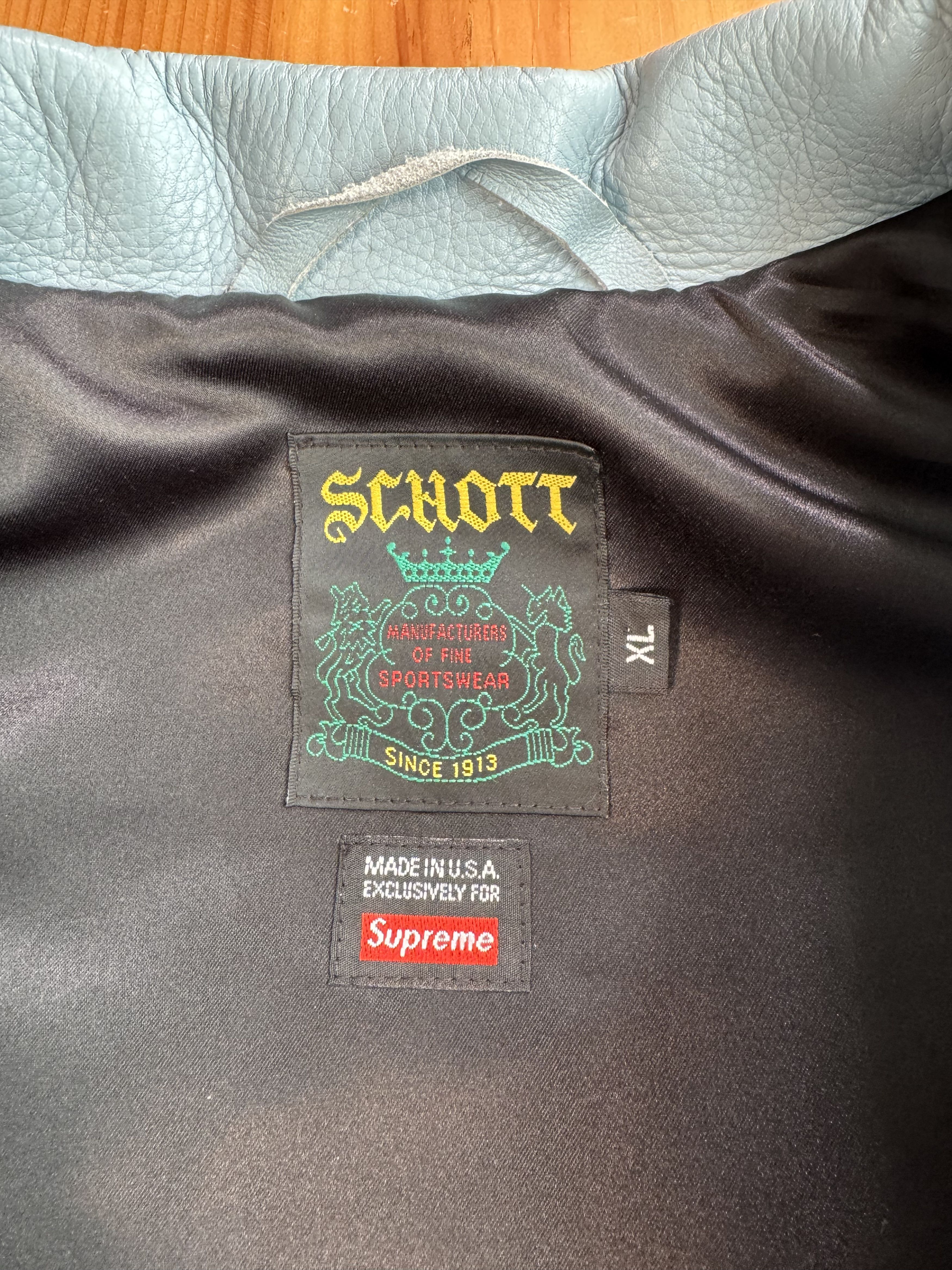 Schott × Supreme FW 2019 Supreme x Schott Blue Leather Bomber Jacket Size US XL / EU 56 / 4 - 9 Thumbnail