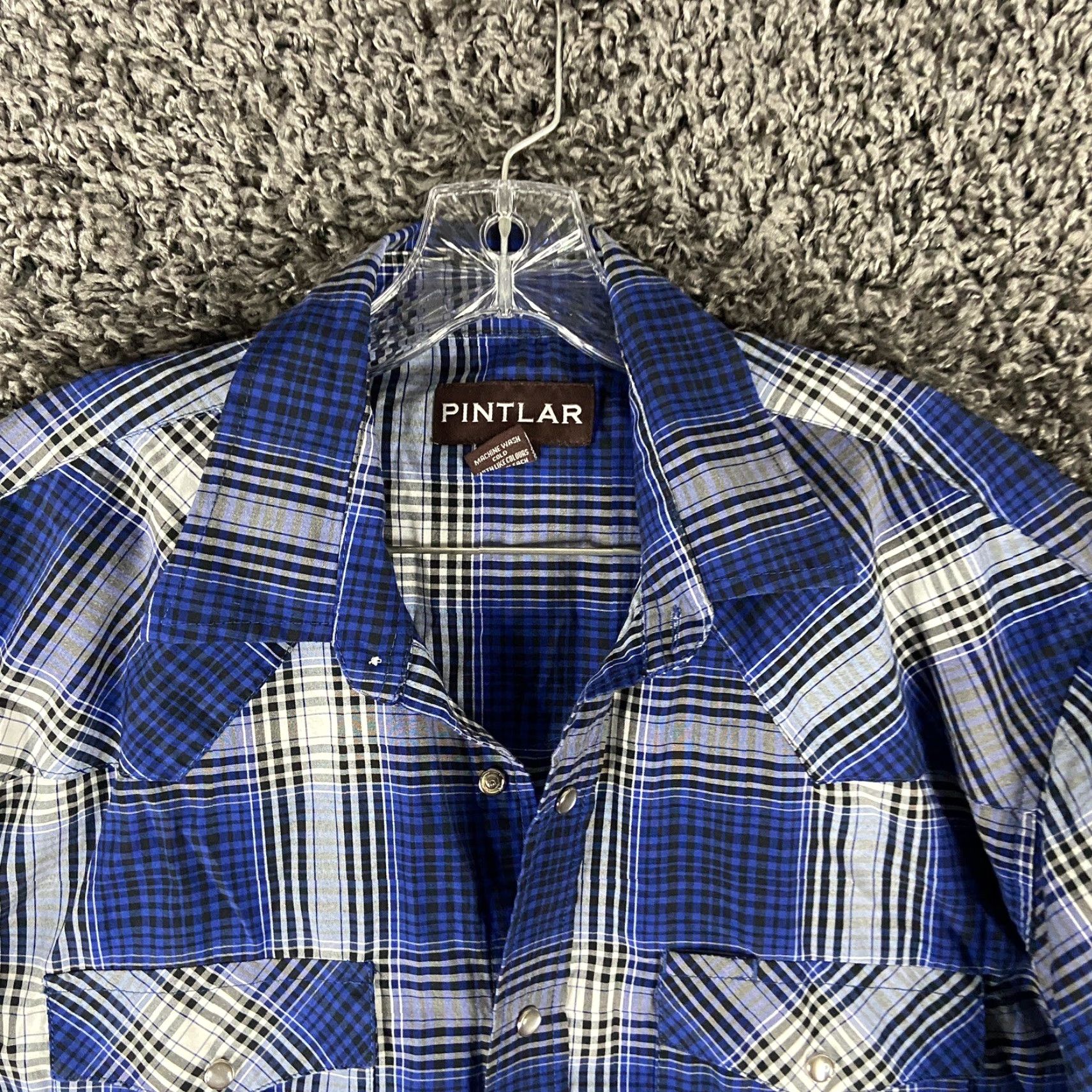 Vintage PINTLAR Shirt Plaid Pearl Button-Up Short Sleeve Men’s L Blue Regular Size Adult Mens Size US 33 - 5 Thumbnail
