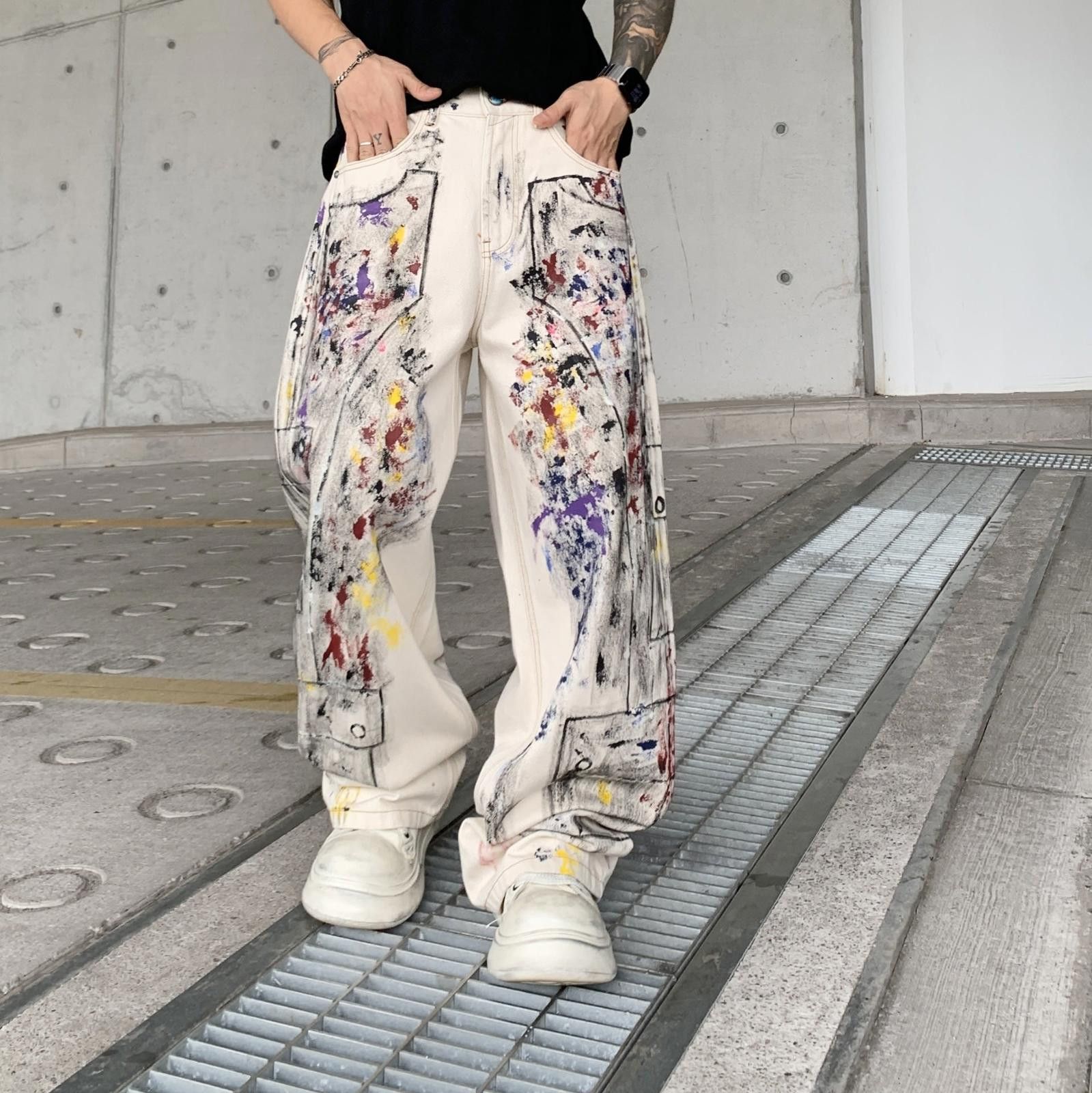 Japanese Brand White Paint-Splattered Baggy Casual Pants, Loose Fit Size US 32 / EU 48 - 2 Thumbnail