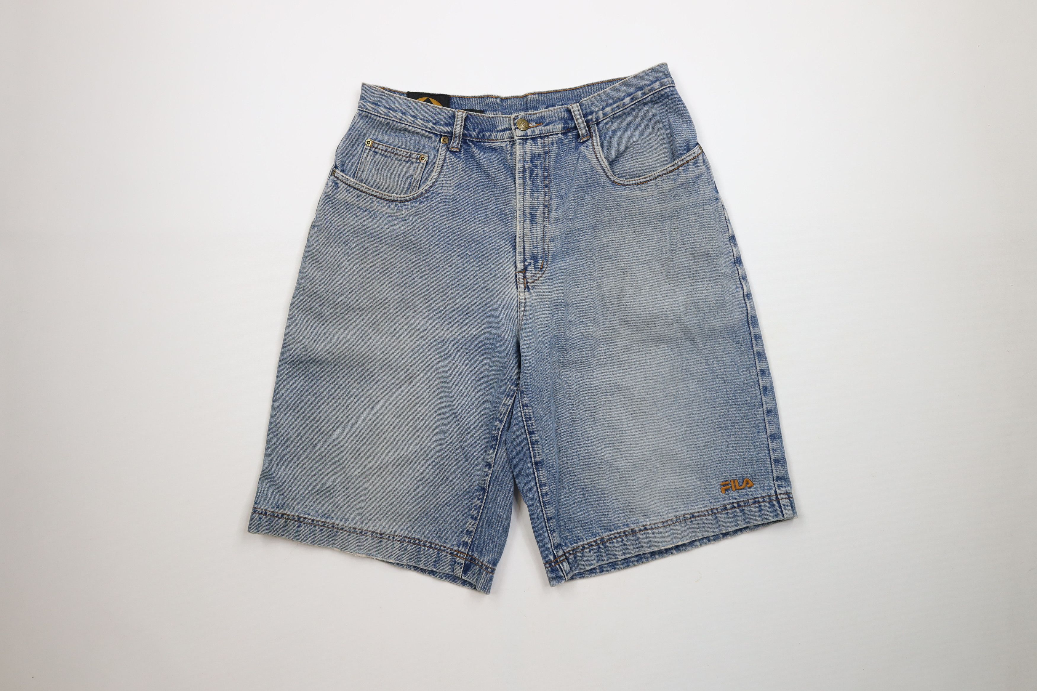 Fila × Vintage Vintage 90s Fila Spell Out Baggy Fit Denim Jean Shorts Jorts Size US 32 / EU 48 - 1 Thumbnail
