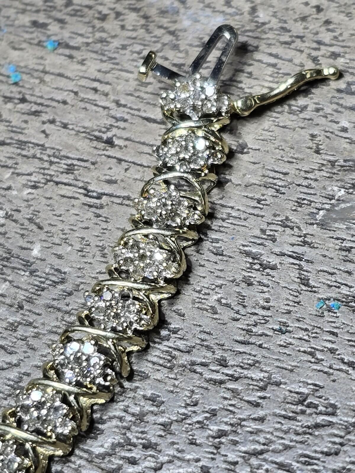 Other 10k Gold Natural Diamond Cluster Station Link Bracelet 7" Size ONE SIZE - 9 Thumbnail