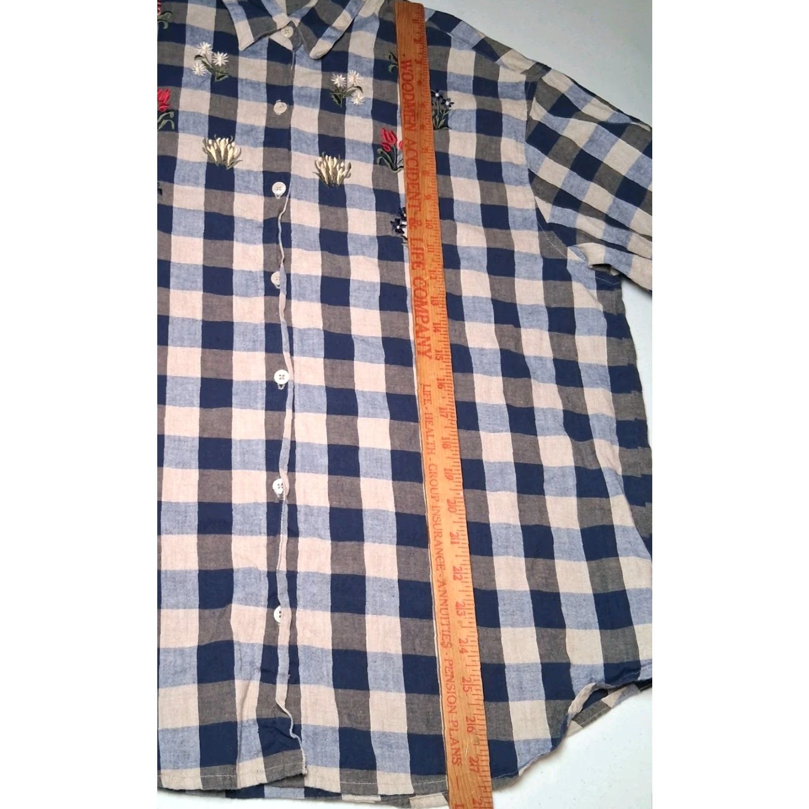 Vintage VINTAGE Maggie & Max Button-Up Blouse 2X Plus Size Casual Short Sleeve Tan Blue Gingham Check Embroidered Floral Womens Size XXL / US 16-18 / IT 52-54 - 7 Thumbnail