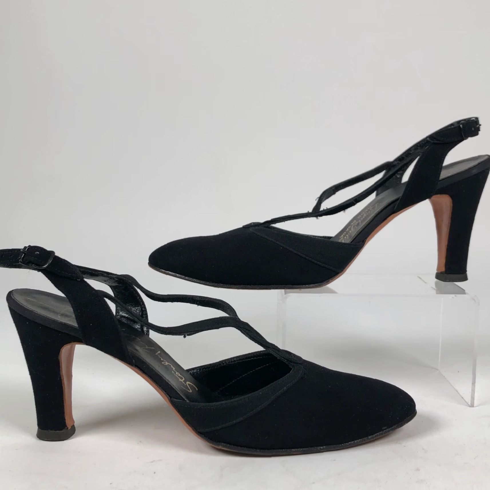 Vintage VINTAGE Stanley Phillipson Womens 7.5 AA Black Suede Slingback Heels Dress Shoes Size M / US 6-8 / IT 42-44 - 4 Thumbnail