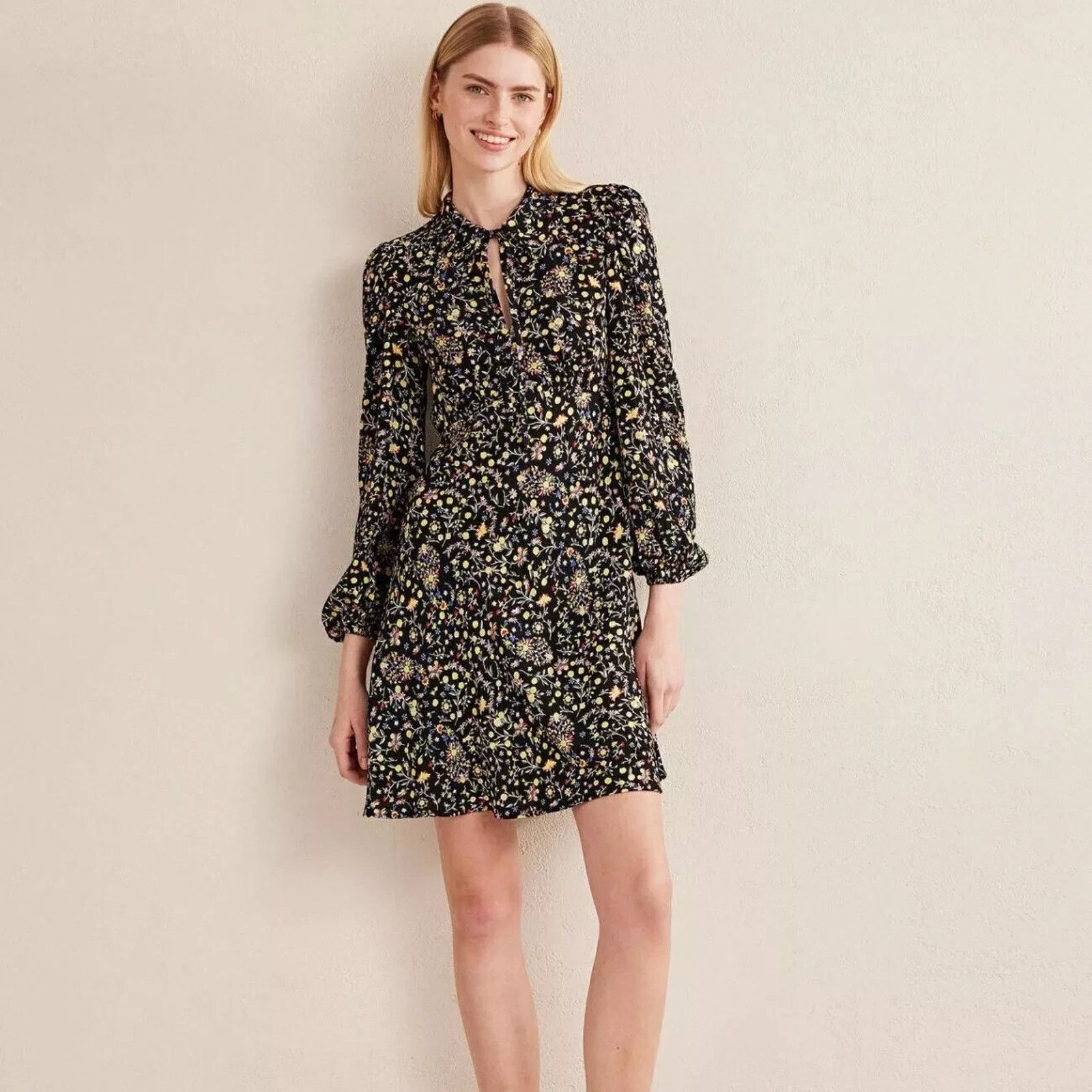 New Boden Women's Tie Neck Black Fit Flare Dress US 4R