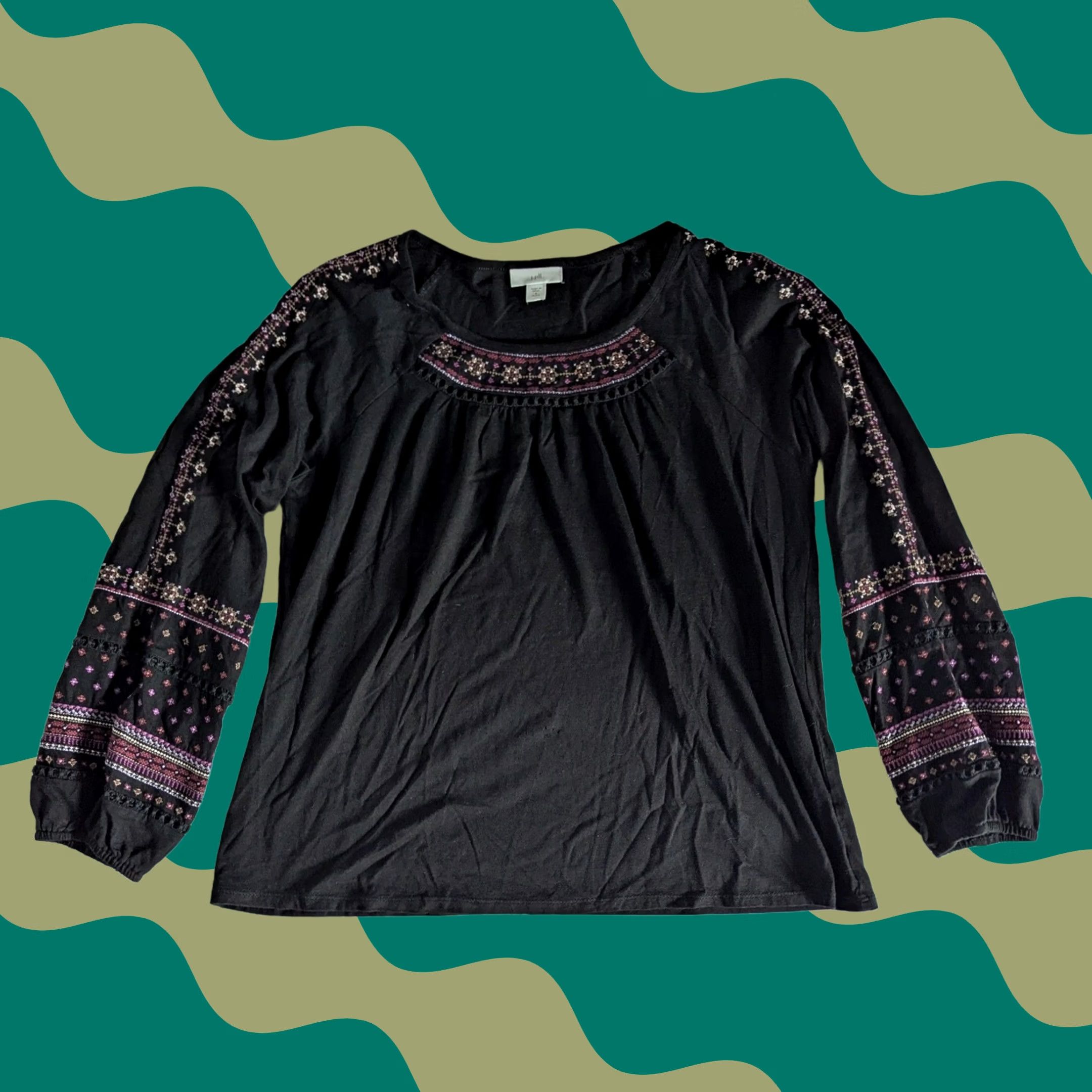 Vintage J Jill Petite Black Embroidered Long Balloon Sleeve Top Shirt Womens Sz S Boho Size S / US 4 / IT 40 - 1 Thumbnail