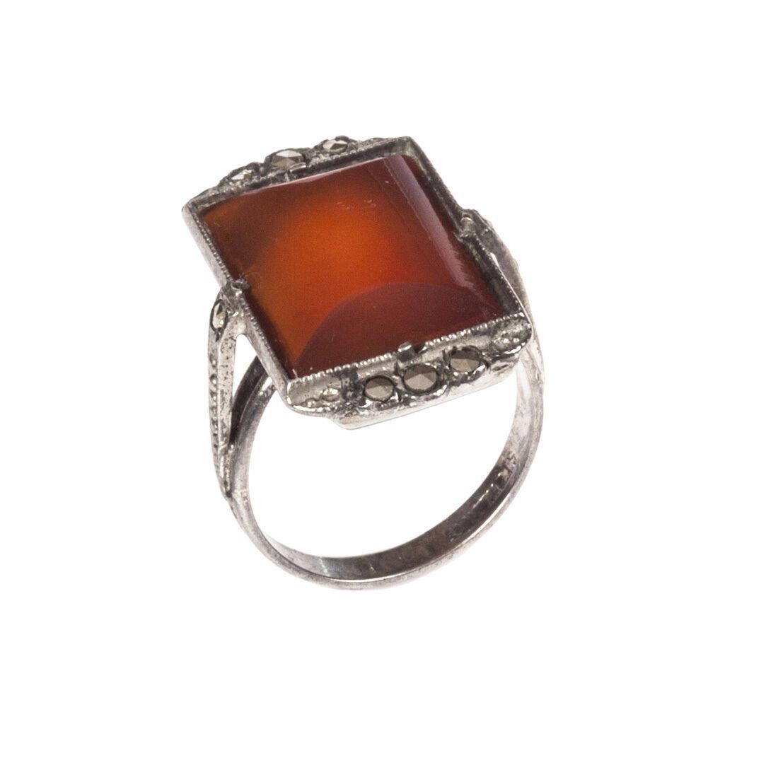 Designer Art Deco Sterling Silver Carnelian and Marcasite Ring Size ONE SIZE - 2 Thumbnail
