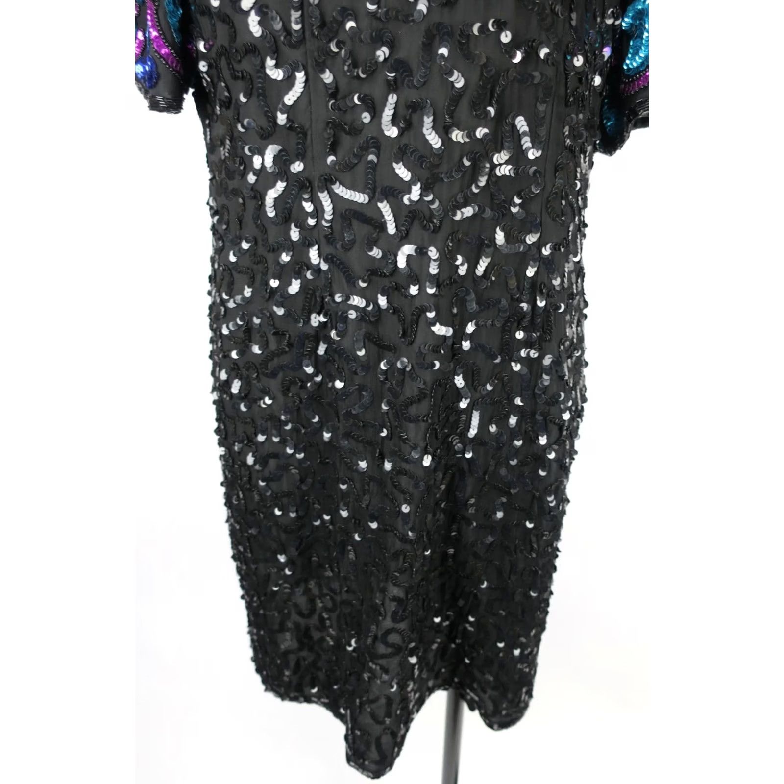 Pinko VINTAGE Laurence Kazar Gown Dress Beaded Sequin Evening Silk XL Blue Diamonds Gatsby Party Flapper Knee Length Size XL / US 12-14 / IT 48-50 - 4 Thumbnail