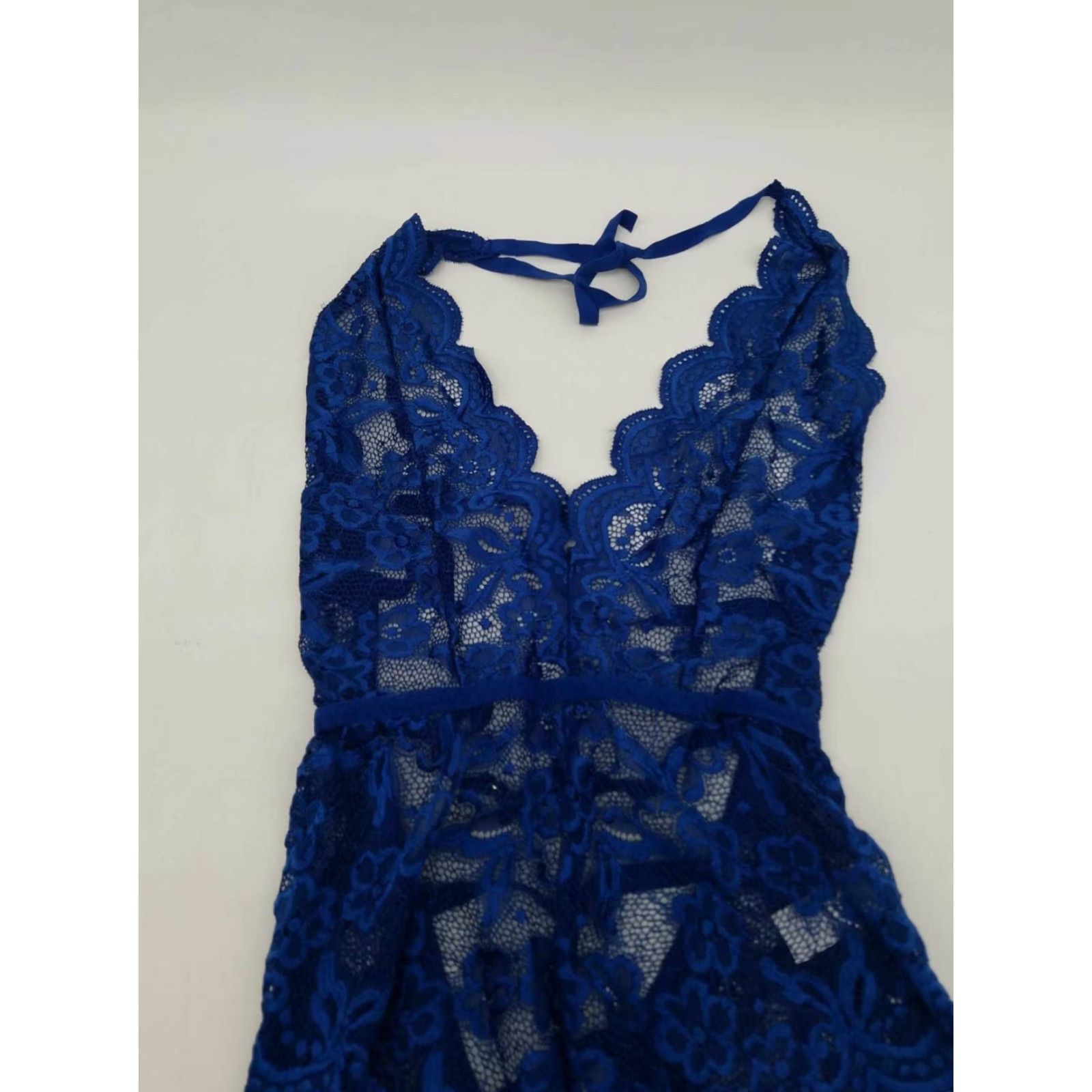 Vintage Kaei & Shi Womens High Cut Halter V Neck Lace Trim Blue Lingerie Bodysuit Size M Size M / US 6-8 / IT 42-44 - 2 Thumbnail