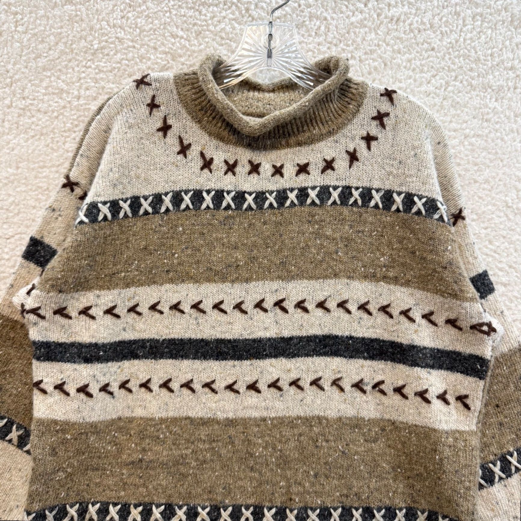 Vintage VINTAGE Sweater Petite Large Tan Turtleneck Rolled Mock Neck Fringe Southwestern Wool Blend Boho 1990s Beige PL Mens? Size L / US 10 / IT 46 - 3 Thumbnail