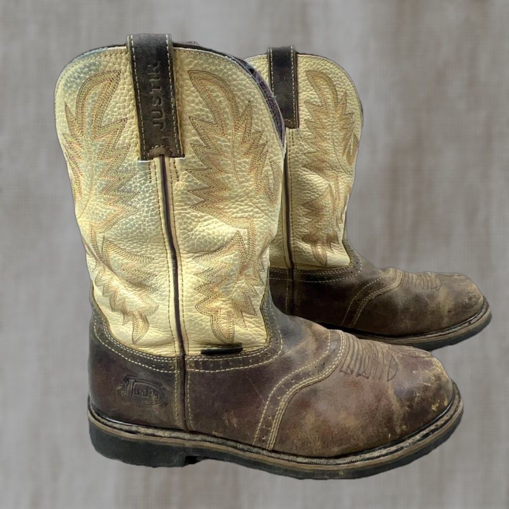 Justin Boots VINTAGE Justin Boots Men 11.5 D Brown Steel Toe Western Work Boot Leather Casu Size US 11.5 / EU 44-45 - 1 Thumbnail