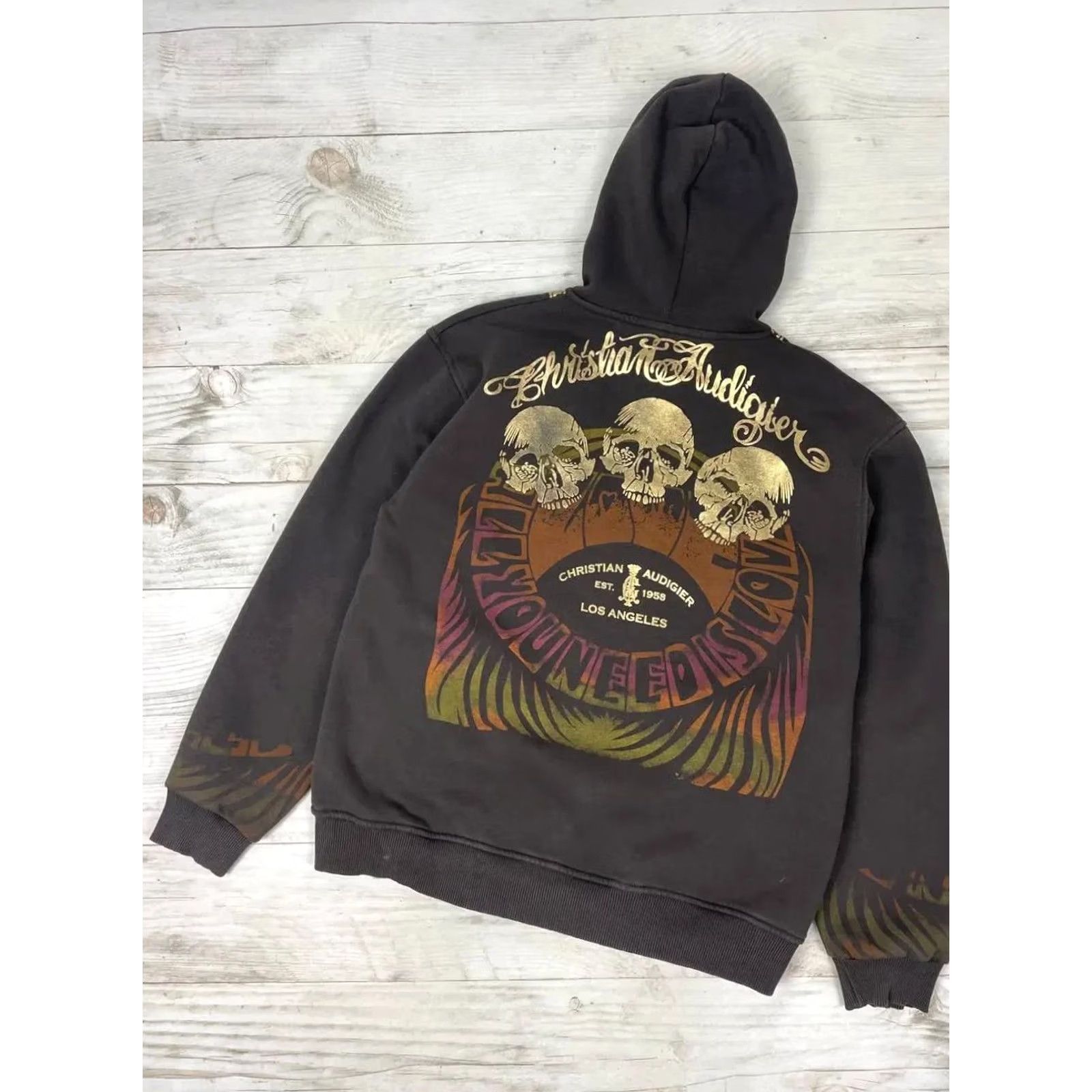 Vintage VINTAGE Christian Audigier Hoodie Full Zip Mens 2XL Brown 90s Love Full Zip Hooded Sweatshirt Brown 90s Size US XXL / EU 58 / 5 - 2 Thumbnail