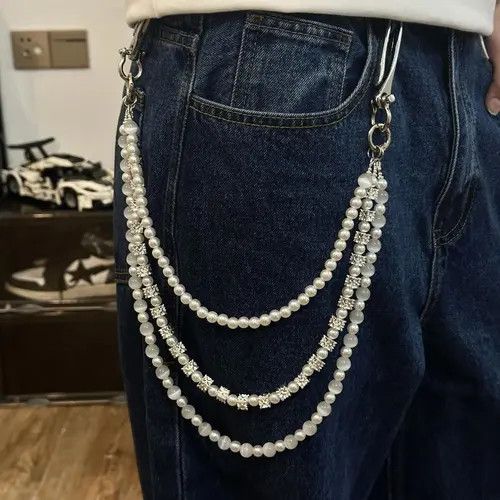 Jewelry White Beaded Wallet Chain Accessory for Jeans, Layered Style Size ONE SIZE - 2 Thumbnail