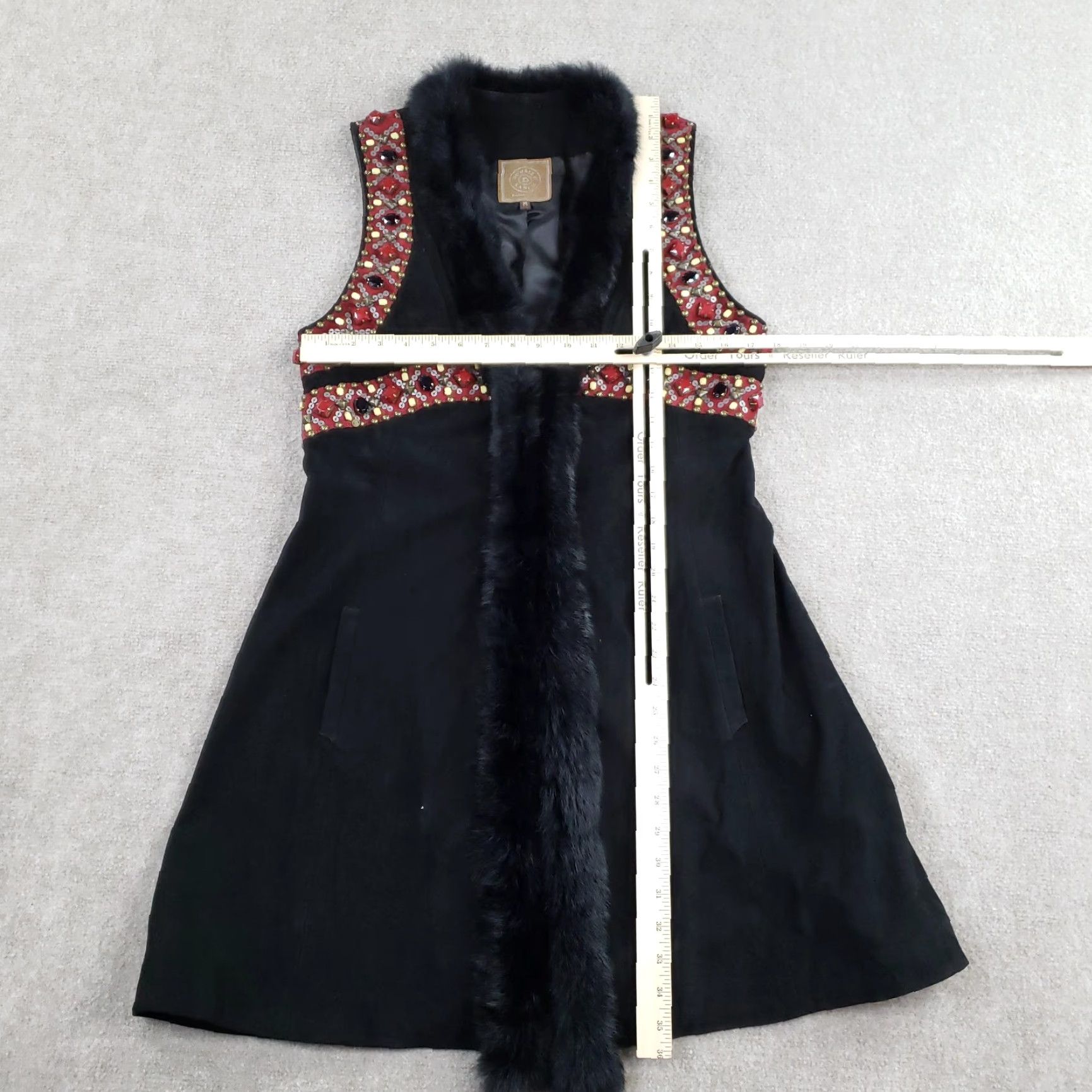 Doublet VINTAGE Double D Ranch Vest Women Medium Long Black Leather Beaded Removeable Fur Trim Size M / US 6-8 / IT 42-44 - 2 Thumbnail