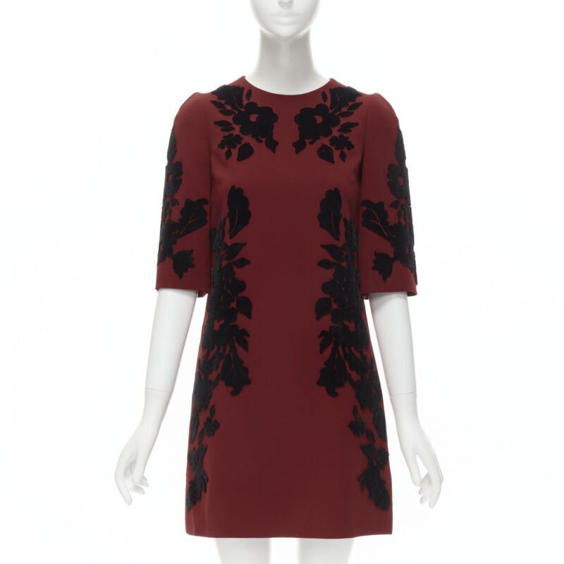 Dolce & Gabbana DOLCE GABBANA red crepe black floral velvet devore sheath dress IT36 XS Size XS / US 0-2 / IT 36-38 - 1 Thumbnail