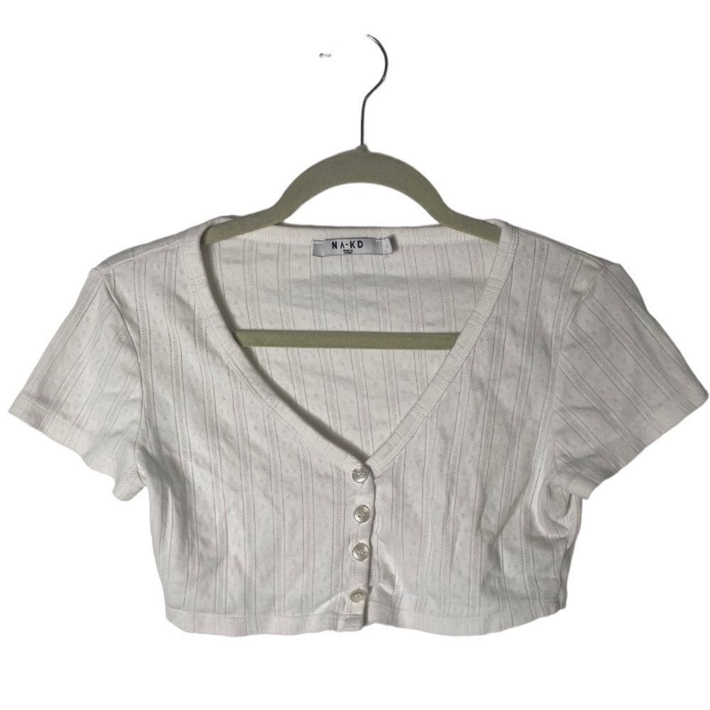 Other NA-KD White Textured Button Front Cropped Top Size S 100% Co Size S / US 4 / IT 40 - 2 Thumbnail