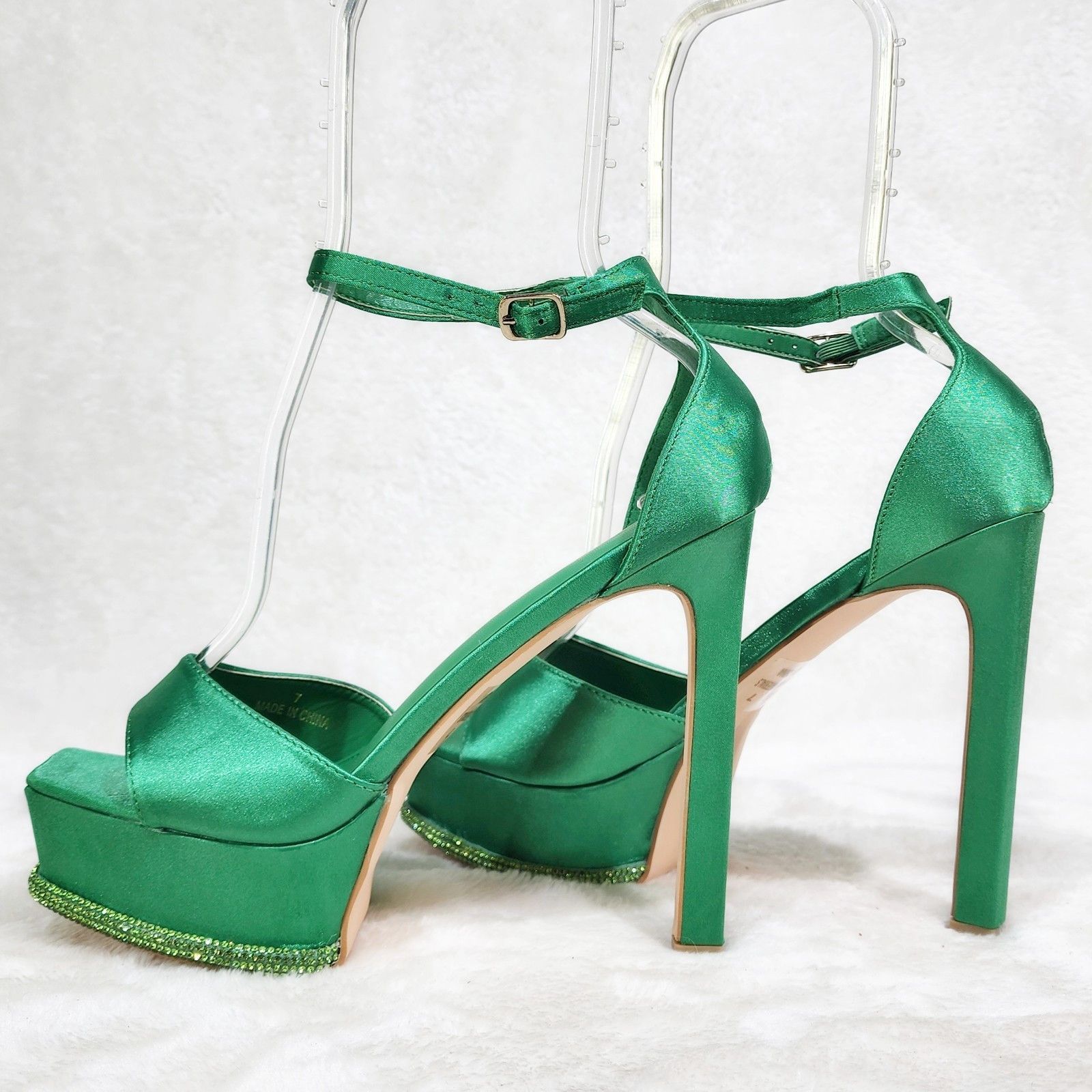 Other Green Satin Rhinestone Evening Platform High Heel Shoes Size US 8.5 / IT 38.5 - 1 Thumbnail