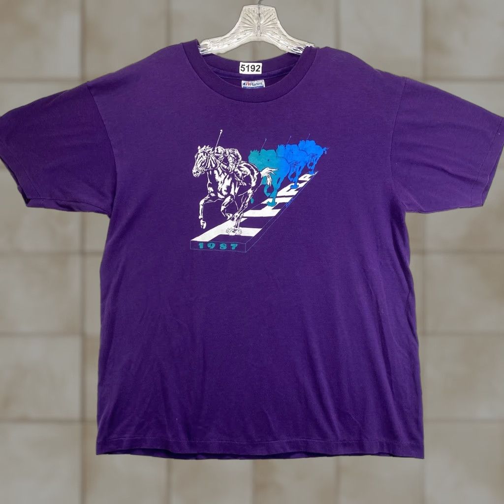 Hanes VINTAGE Hanes Horse Racing T-Shirt Purple 1980s Unisex Medium Short Sleeve Graphic Tee US Sportswear Size US M / EU 48-50 / 2 - 1 Thumbnail