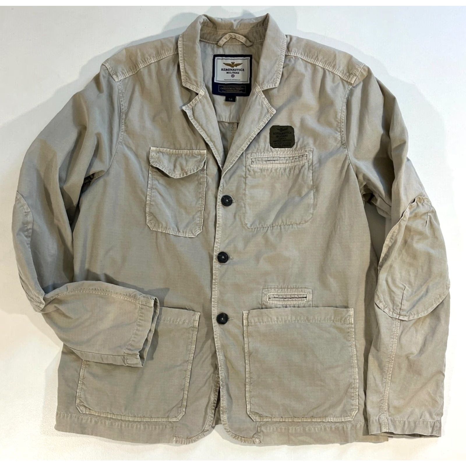Aeronautica Militare VINTAGE Aeronautica Militare Jacket Mens Canvas Blazer Size 54 Beige Military Style with Pockets Elbow Patch Size 54R - 3 Thumbnail
