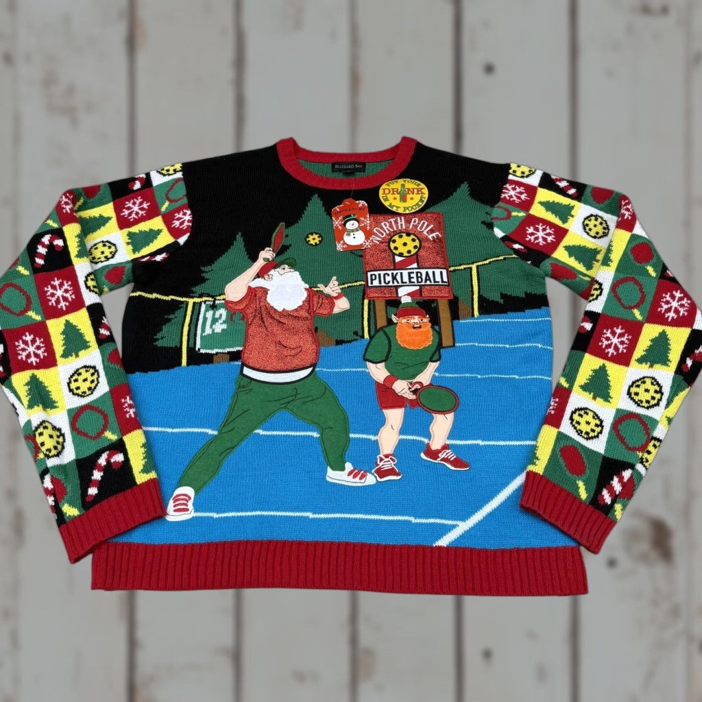 VINTAGE Pickleball Christmas Sweater Blizzard Bay Mens XL Multicolor Crew Neck Pullover Graphic Print Christmas Sports Funny Santa Elf AOP Knit