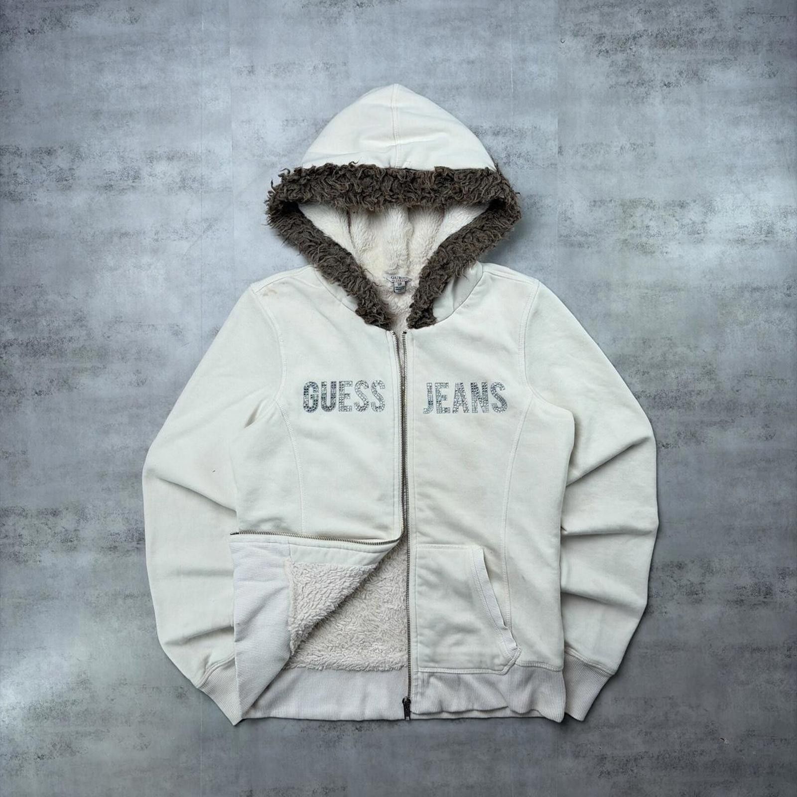 Guess Y2K White Guess Grunge Sherpa Lined Faux Fur Zip Up Hoodie Size S / US 4 / IT 40 - 1 Thumbnail