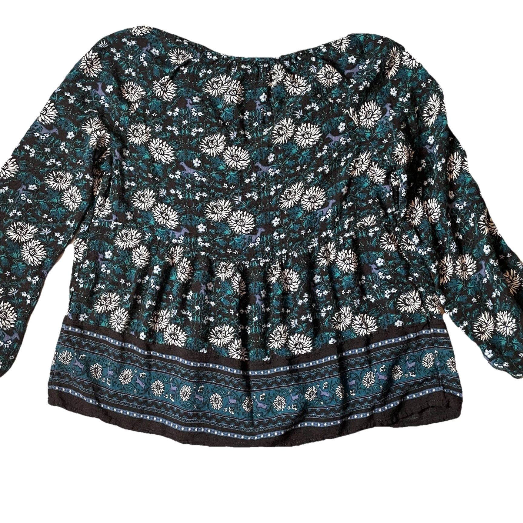 Old Navy Old Navy Blouse Shirt Womens S Dark Teal Floral Peasant Boho Puff Sleeve V-Neck Size S / US 4 / IT 40 - 3 Thumbnail