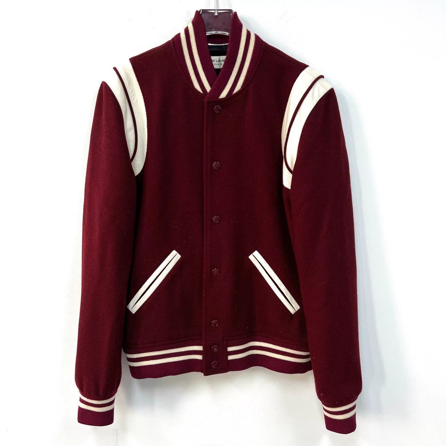 Saint Laurent Paris SAINT LAURENT Burgundy Varsity Wool Jacket Size US S / EU 44-46 / 1 - 1 Thumbnail