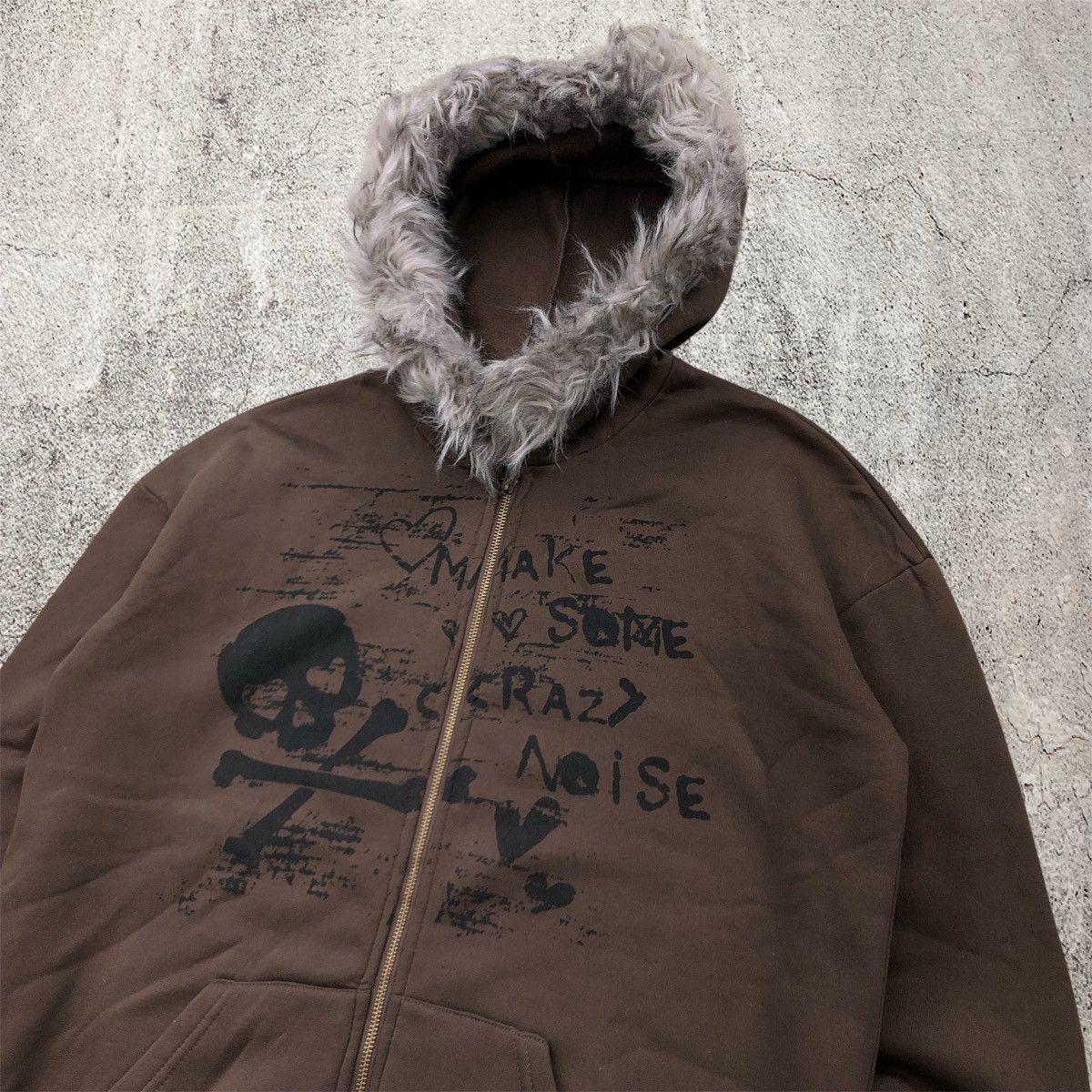 Japanese Brand 2000s Shein Skulls Fur Poem Ziphoodie Dark Brown Y2k Lgb Goa Size US XL / EU 56 / 4 - 2 Thumbnail
