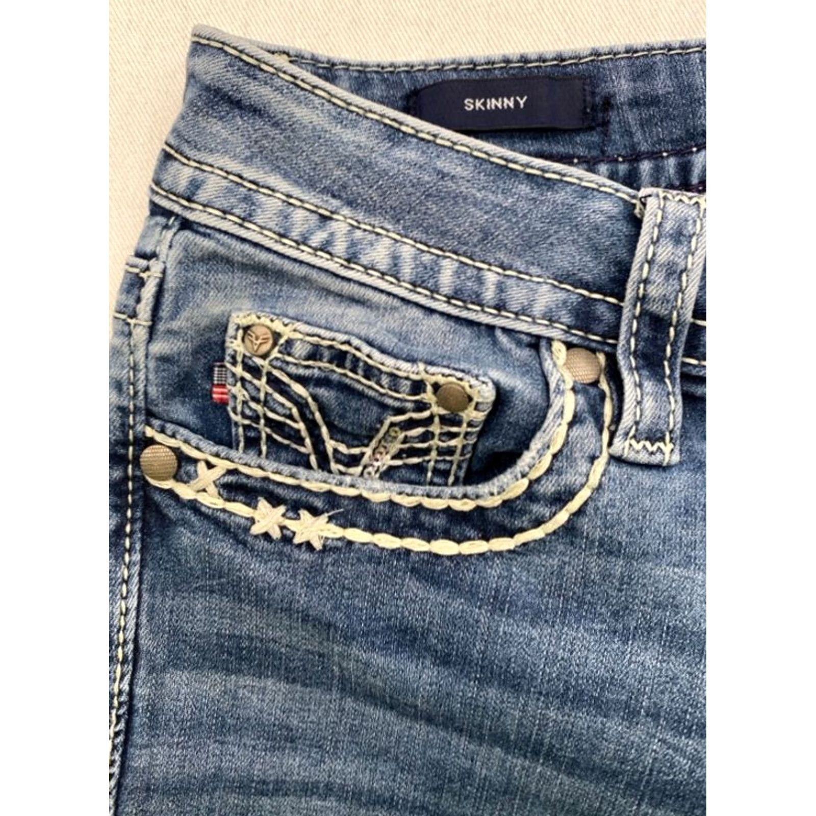 Vintage VIGOSS Womens Denim Jeans Skinny 2 27x29 Blue Solid Distressed Pockets Stretch Embroidered Sequin 5-Pocket Regular Womens Size 26" / US 2 / IT 38 - 4 Thumbnail