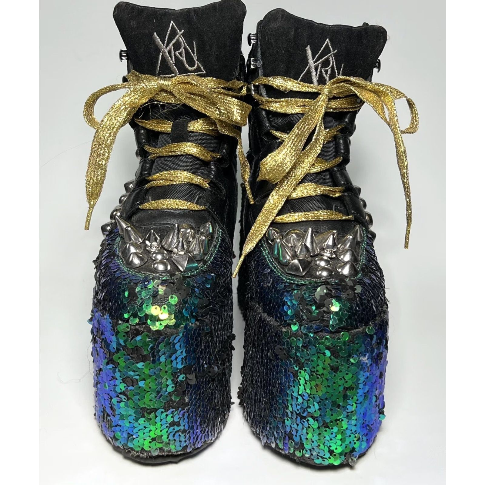 Vintage YRU Qozmo High Top Platform Boots Women's 7 Black Blue Green Sequin Studded Punk Gothic 80s Size M / US 6-8 / IT 42-44 - 4 Thumbnail