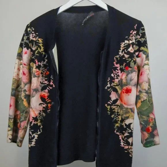image of Marc Cain Black Knit Floral Zip Jacket, Women's (Size Large)