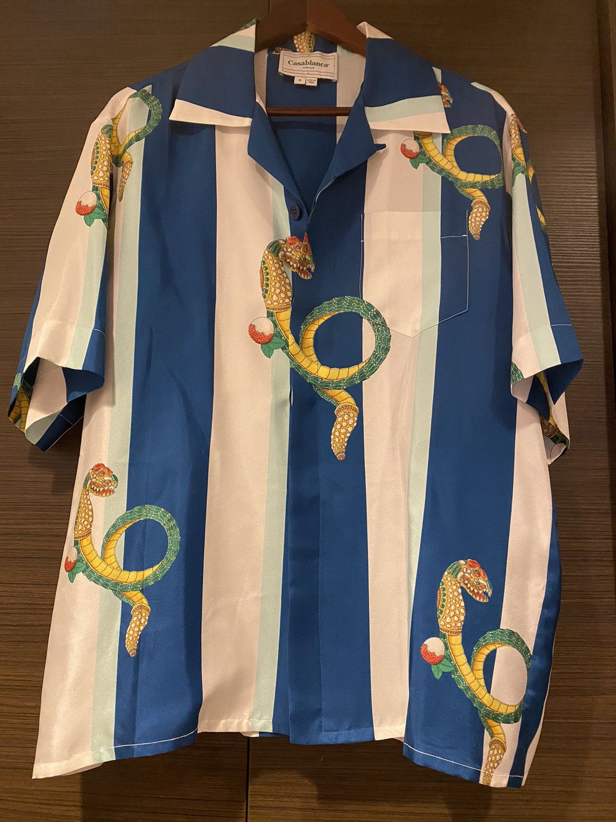 image of Casablanca Stripe & Dragon Silk Ss Shirt in Blue, Men's (Size Medium)