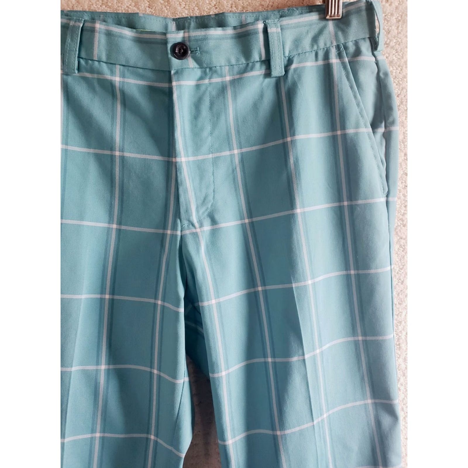 Izod Izod Golf Pants Men 32x30 Teal Blue-White Check Stretch Microfiber Slimming Pockets Zip Flat Front Regular Inseam 30" Machine Washable Size US 32 / EU 48 - 4 Thumbnail