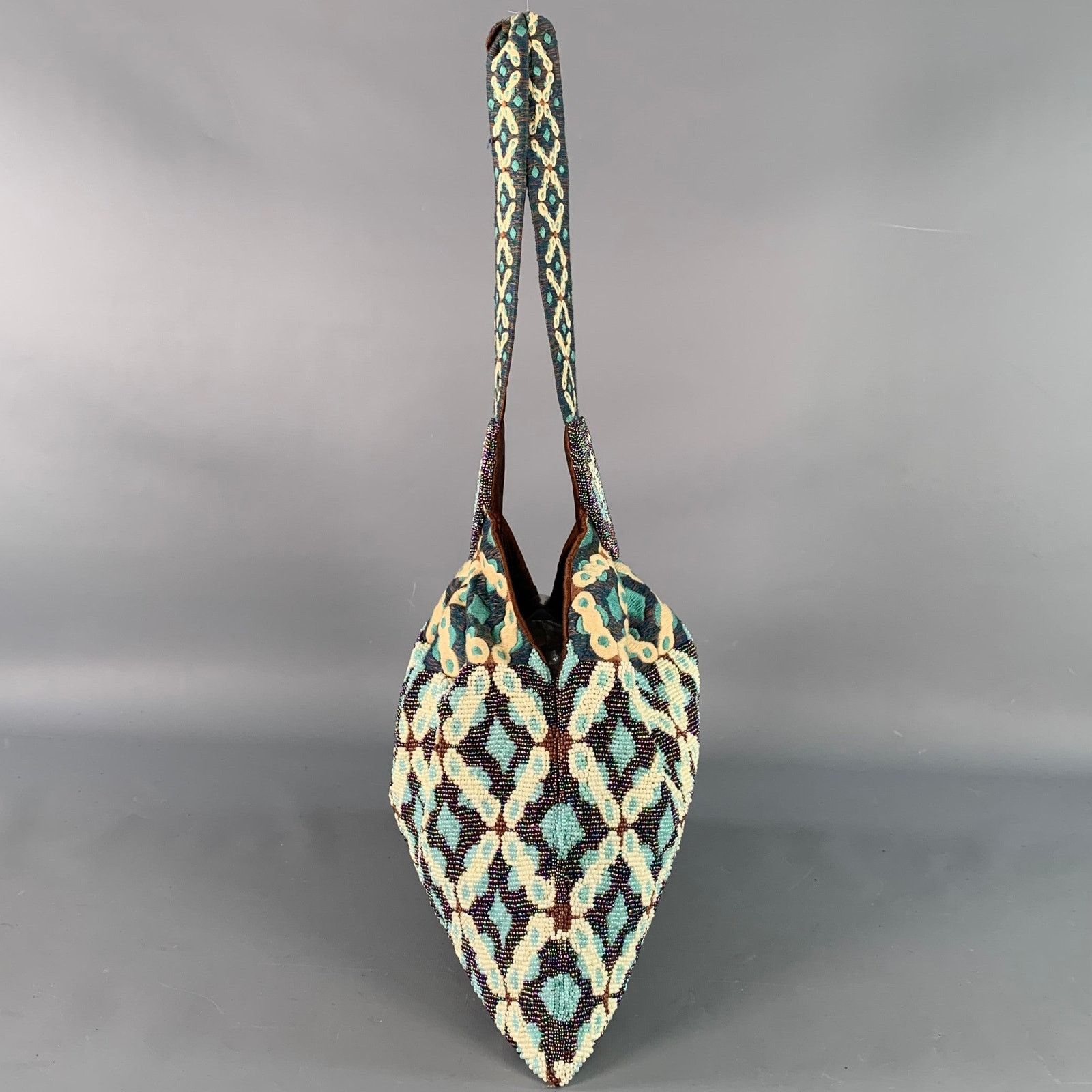 Other Blue Brown White Beaded Hand Embroidered Cotton Handbag Size ONE SIZE - 6 Thumbnail