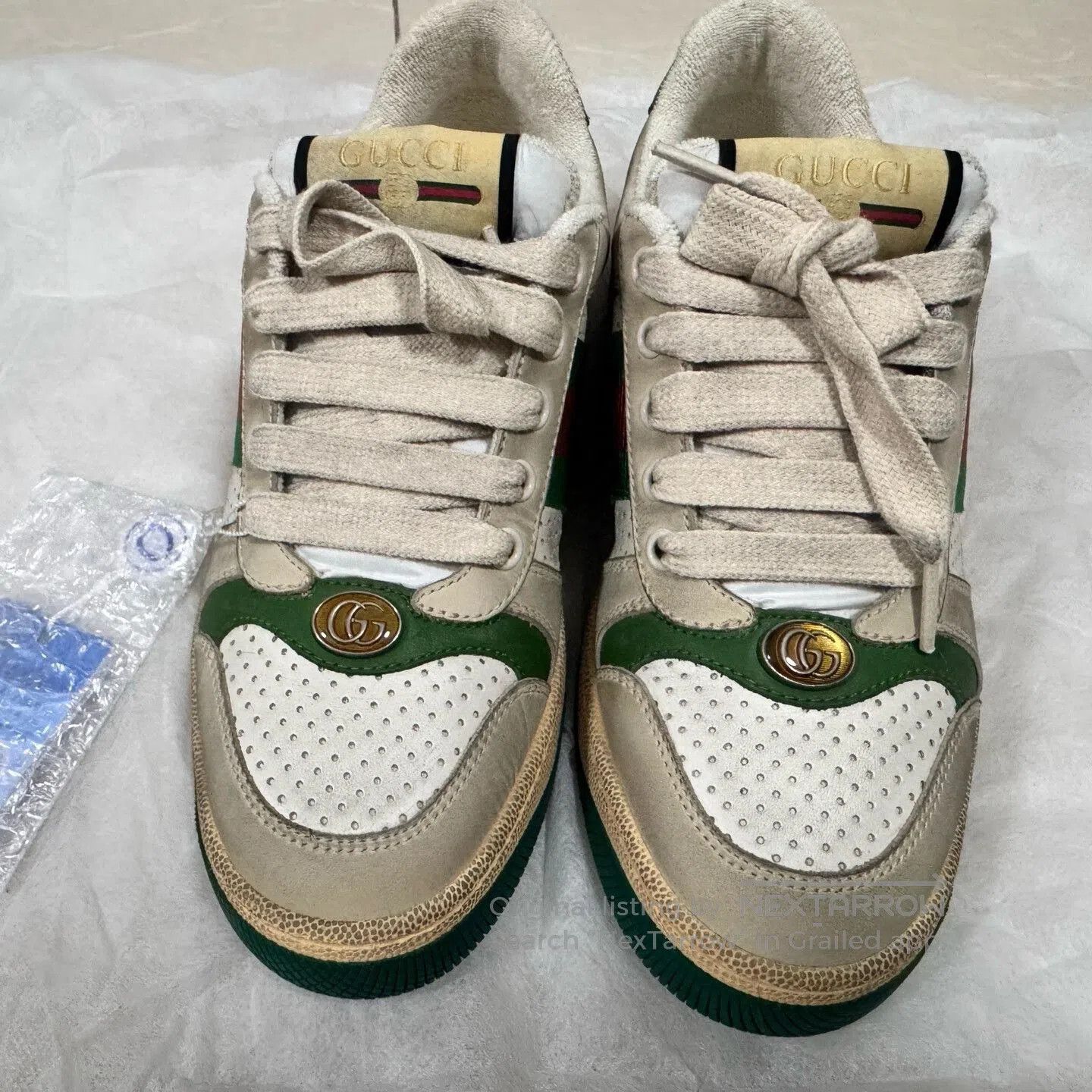 Gucci Gucci Cream Green Distressed Leather Sneakers. Size US 5.5 / IT 35.5 - 1 Thumbnail
