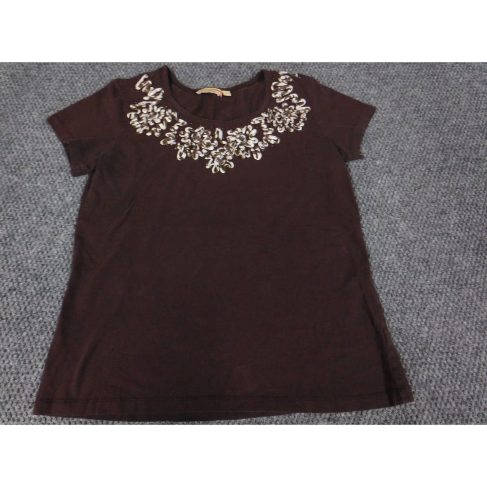 Vintage Choices Womens Blouse Short Sleeve Collared Pullover Cotton Spandex Brown S Smart Casual Shirt - Busy Designer Basic Regular Womens Size S Size S / US 4 / IT 40 - 3 Thumbnail