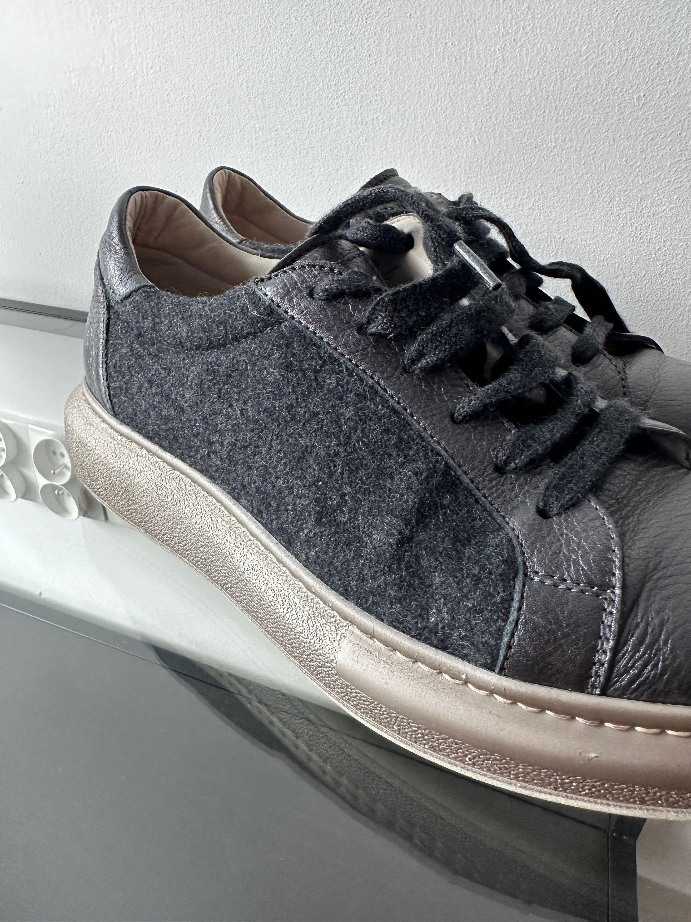Brunello Cucinelli Brunello Cucinelli Dark Grey Wool Leather Platform Sneakers Size US 8.5 / IT 38.5 - 17 Thumbnail