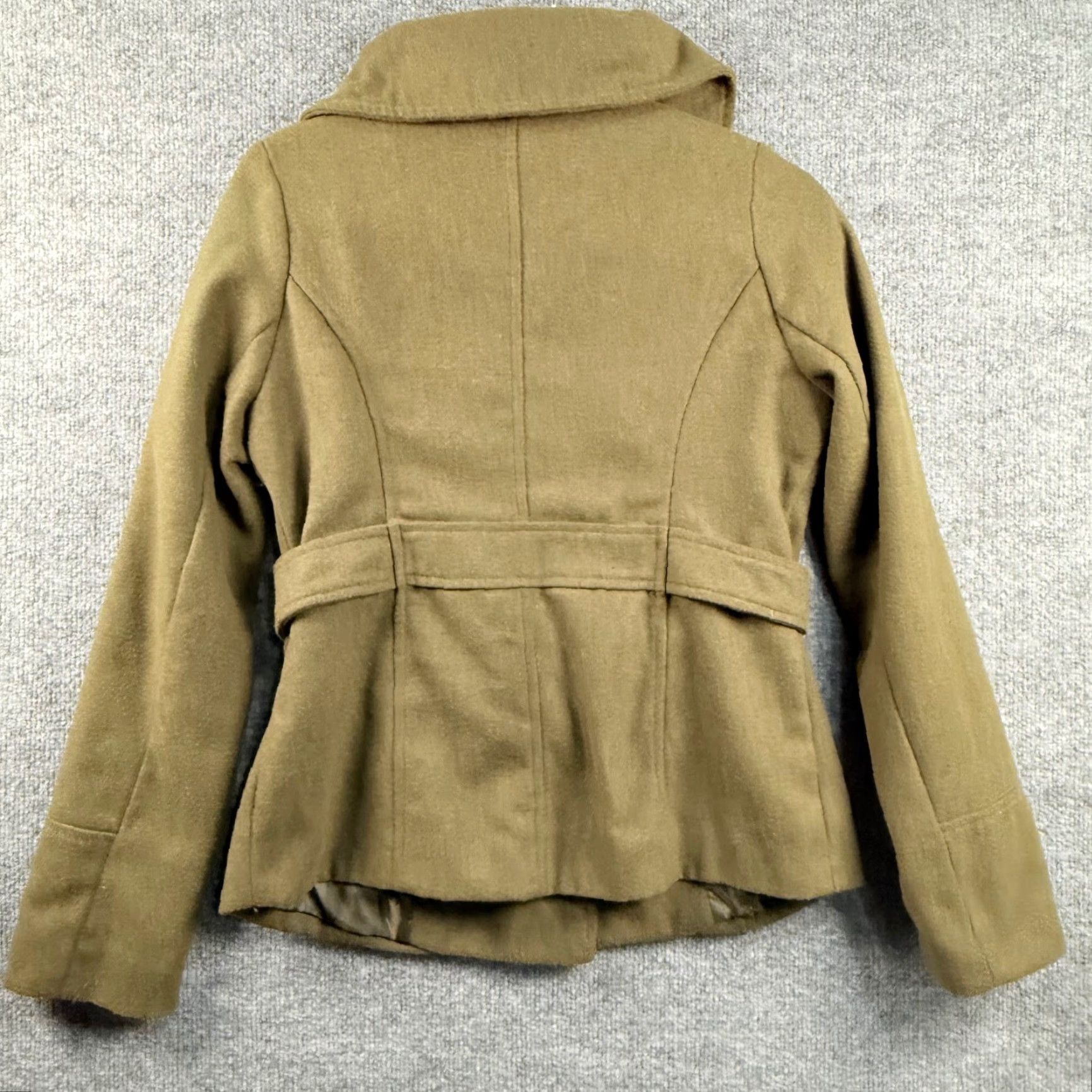 Vintage Coffeeshop Olive Green Wool Blend Pea Coat Womens Small Funnel Neck Double Breasted Button Size S / US 4 / IT 40 - 3 Thumbnail