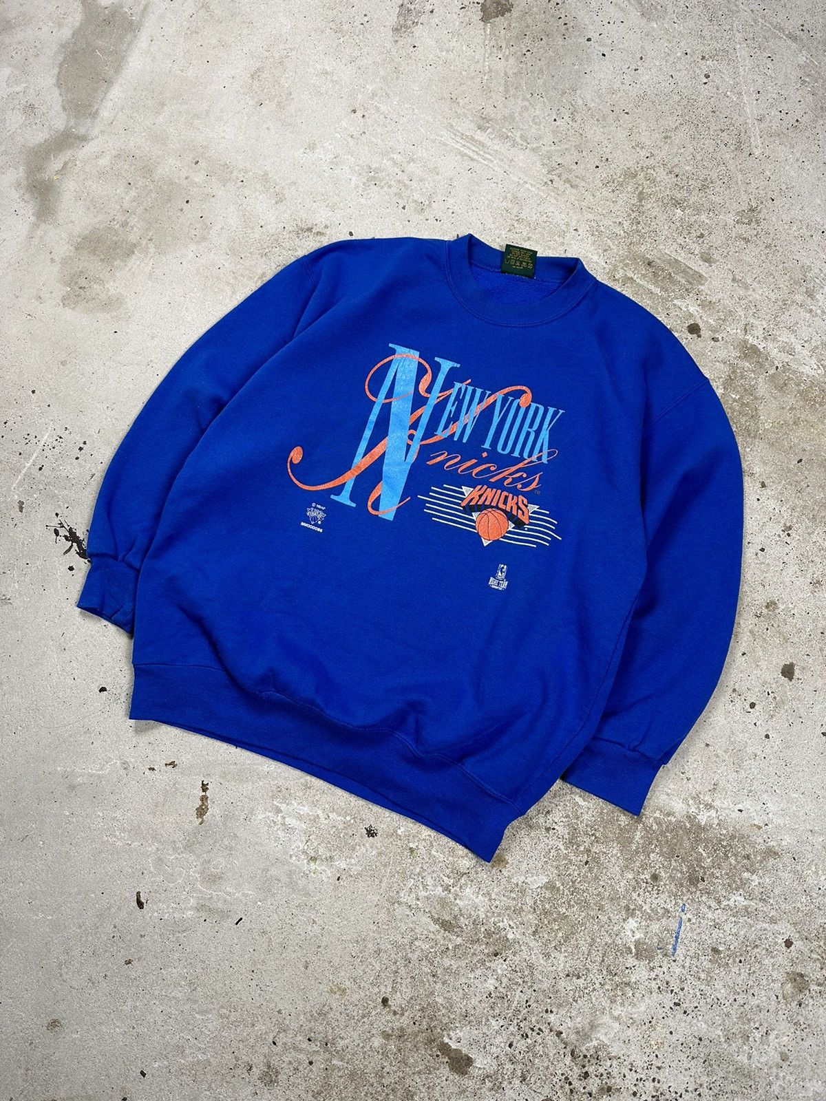 image of Made In USA x NBA Vintage 90's New York Knicks Blue Sweatshirt Crewneck, Men's (Size Large)